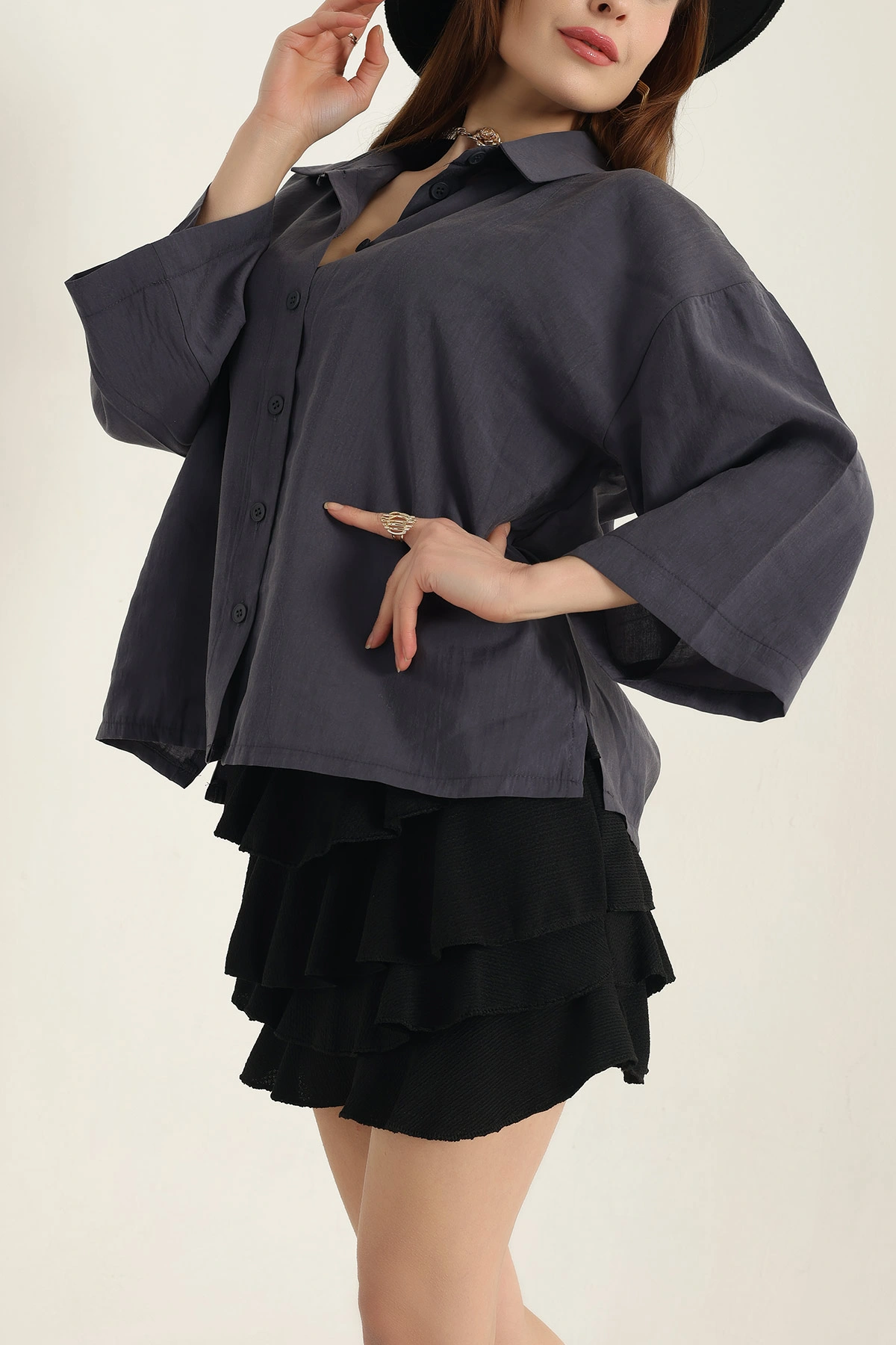 Antrasit Kısa Kol Tencel Oversize Bayan Gömlek 337587
