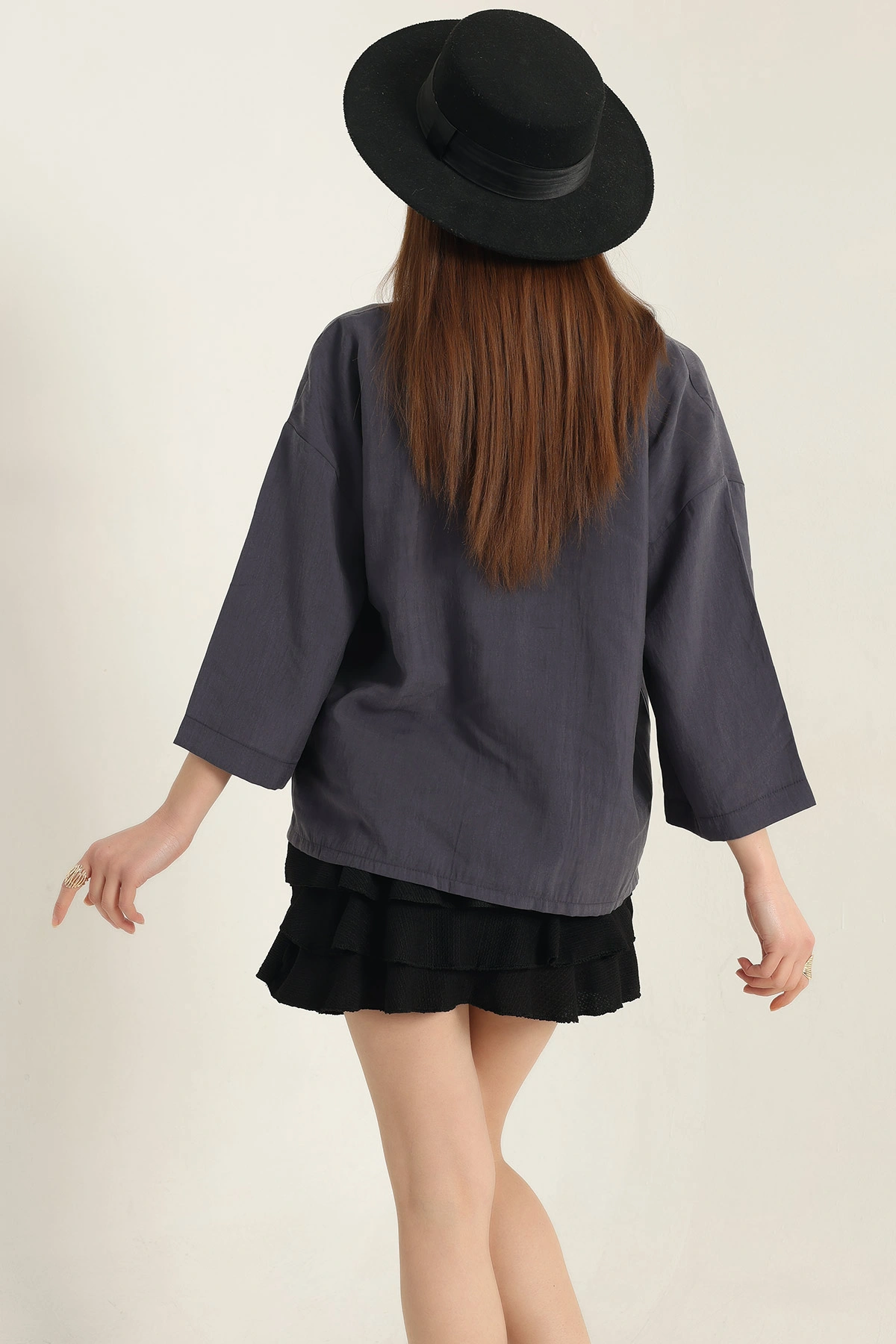 Antrasit Kısa Kol Tencel Oversize Bayan Gömlek 337587