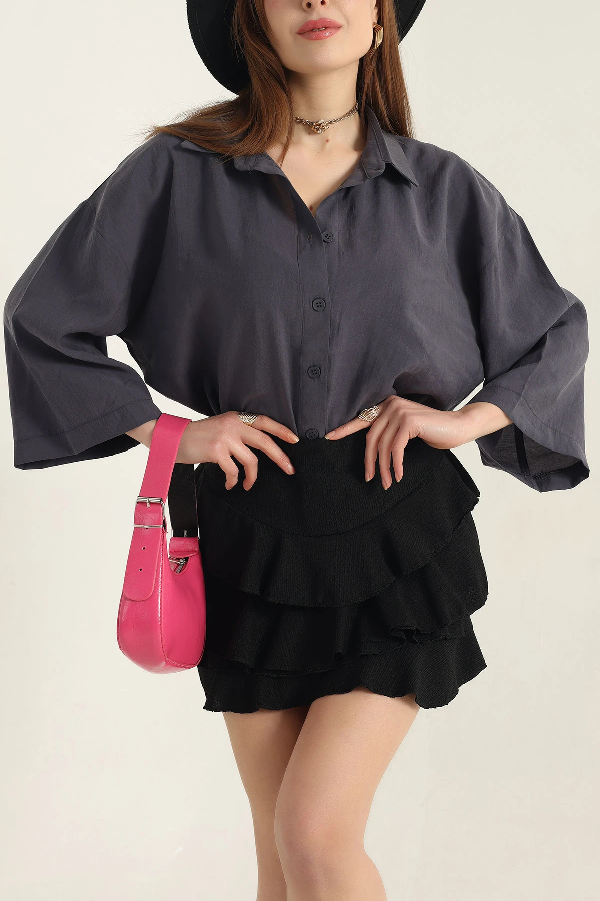 Antrasit Kısa Kol Tencel Oversize Bayan Gömlek 337587