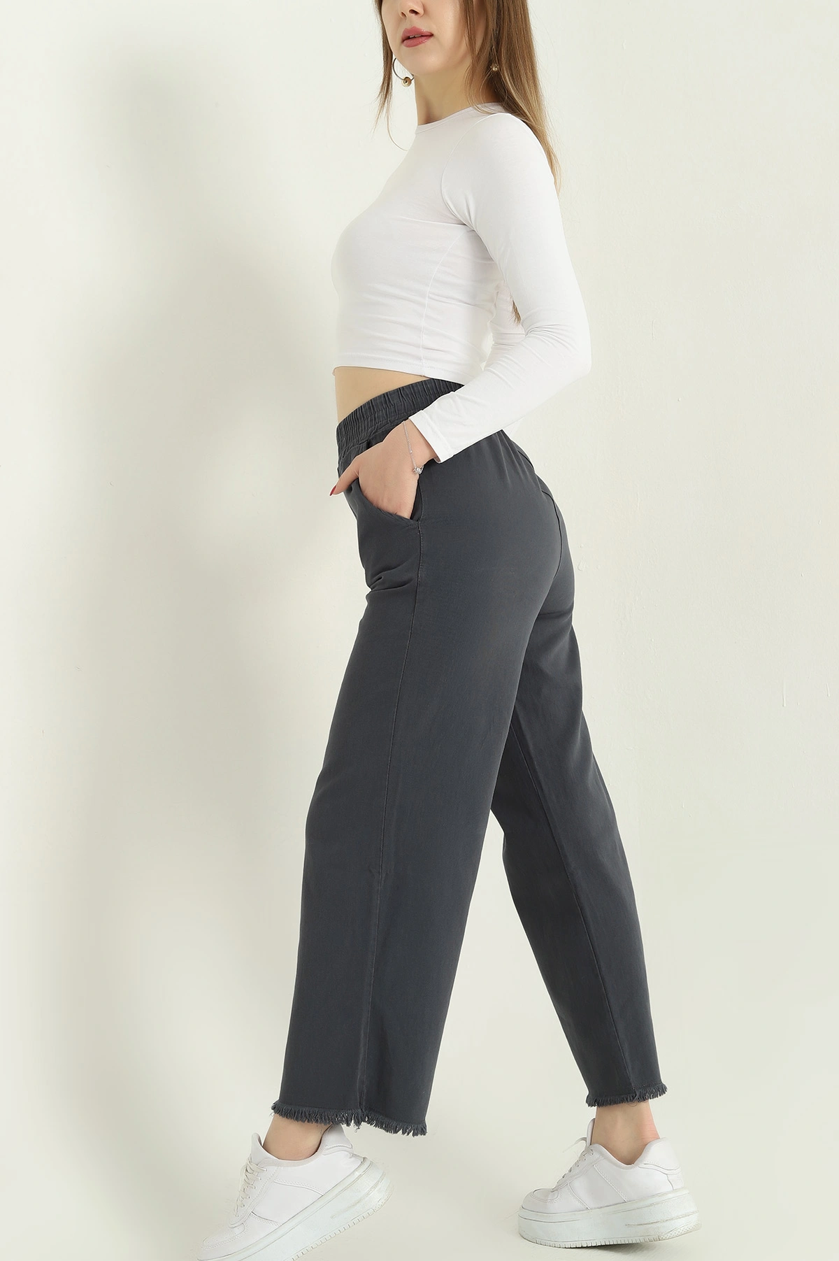 Antrasit Lazer Kesim Bel Lastikli Bayan Gabardin Pantolon 332715