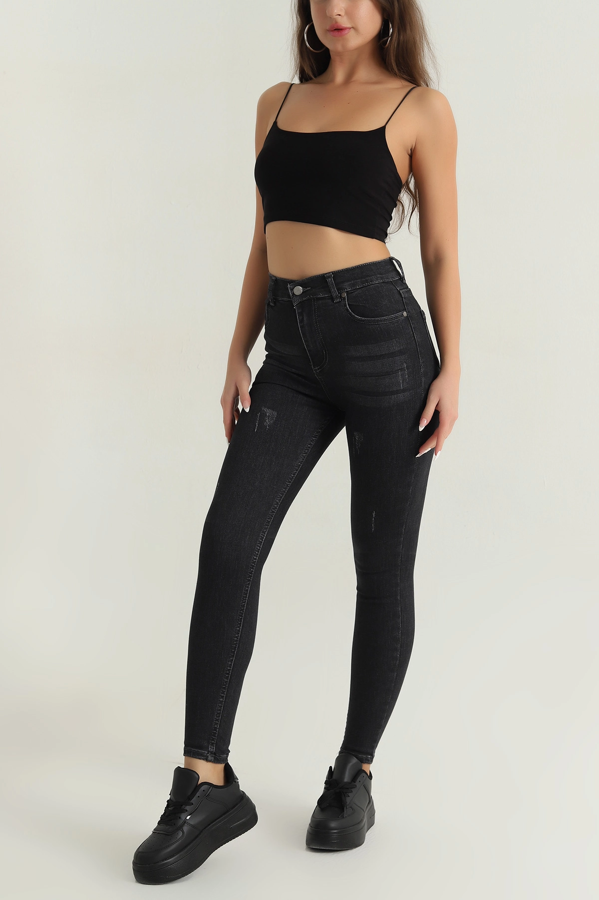 Antrasit Lazerli Likralı Slim Fit Kadın Kot Pantolon 397389