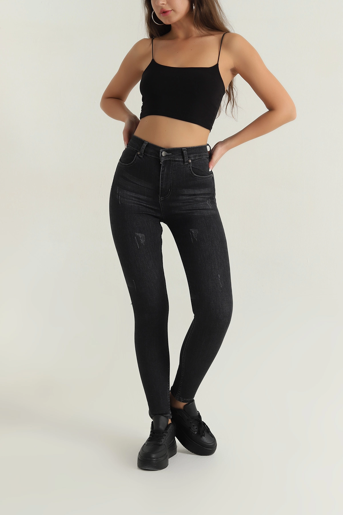Antrasit Lazerli Likralı Slim Fit Kadın Kot Pantolon 397389