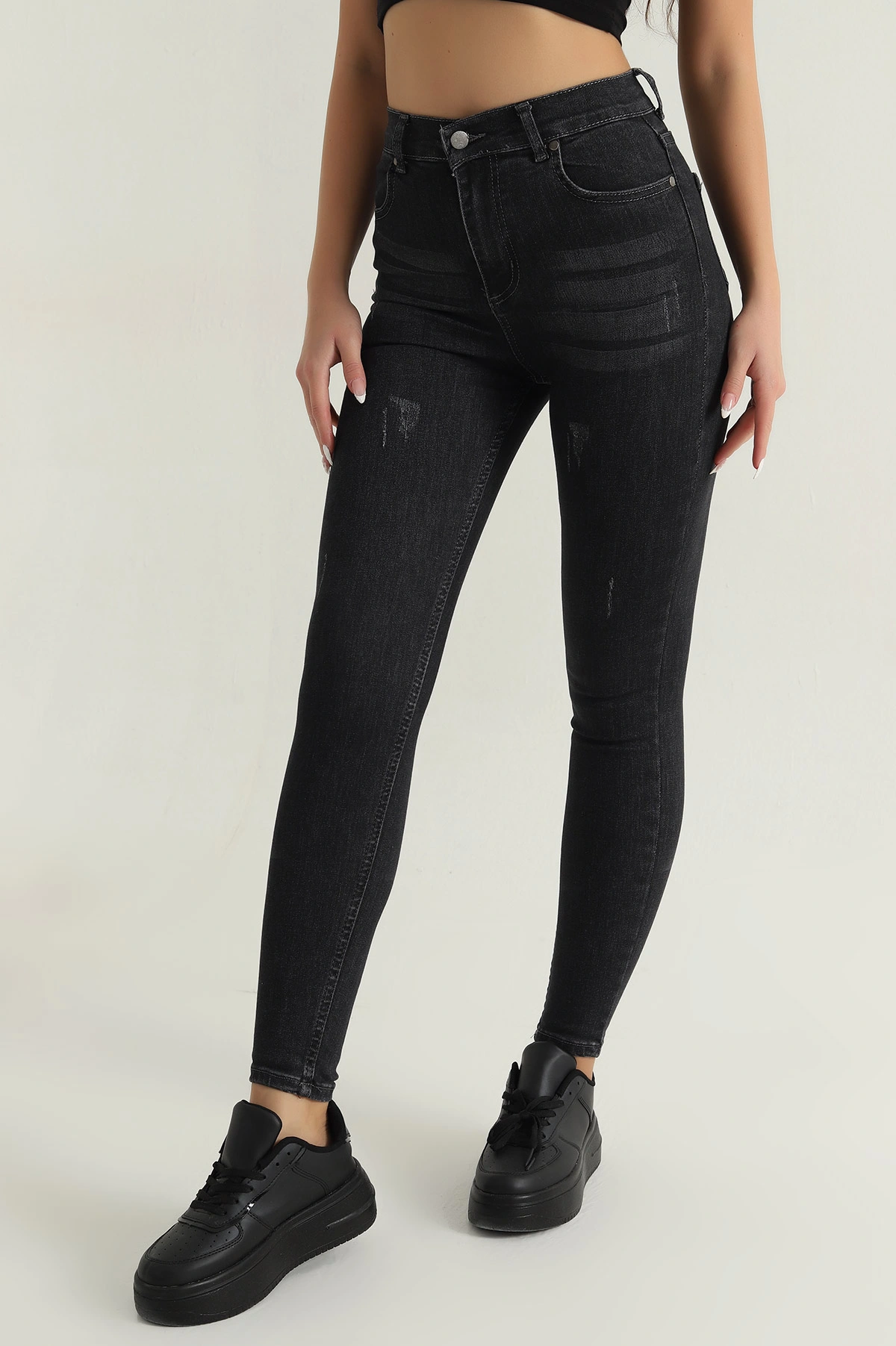 Antrasit Lazerli Likralı Slim Fit Kadın Kot Pantolon 397389