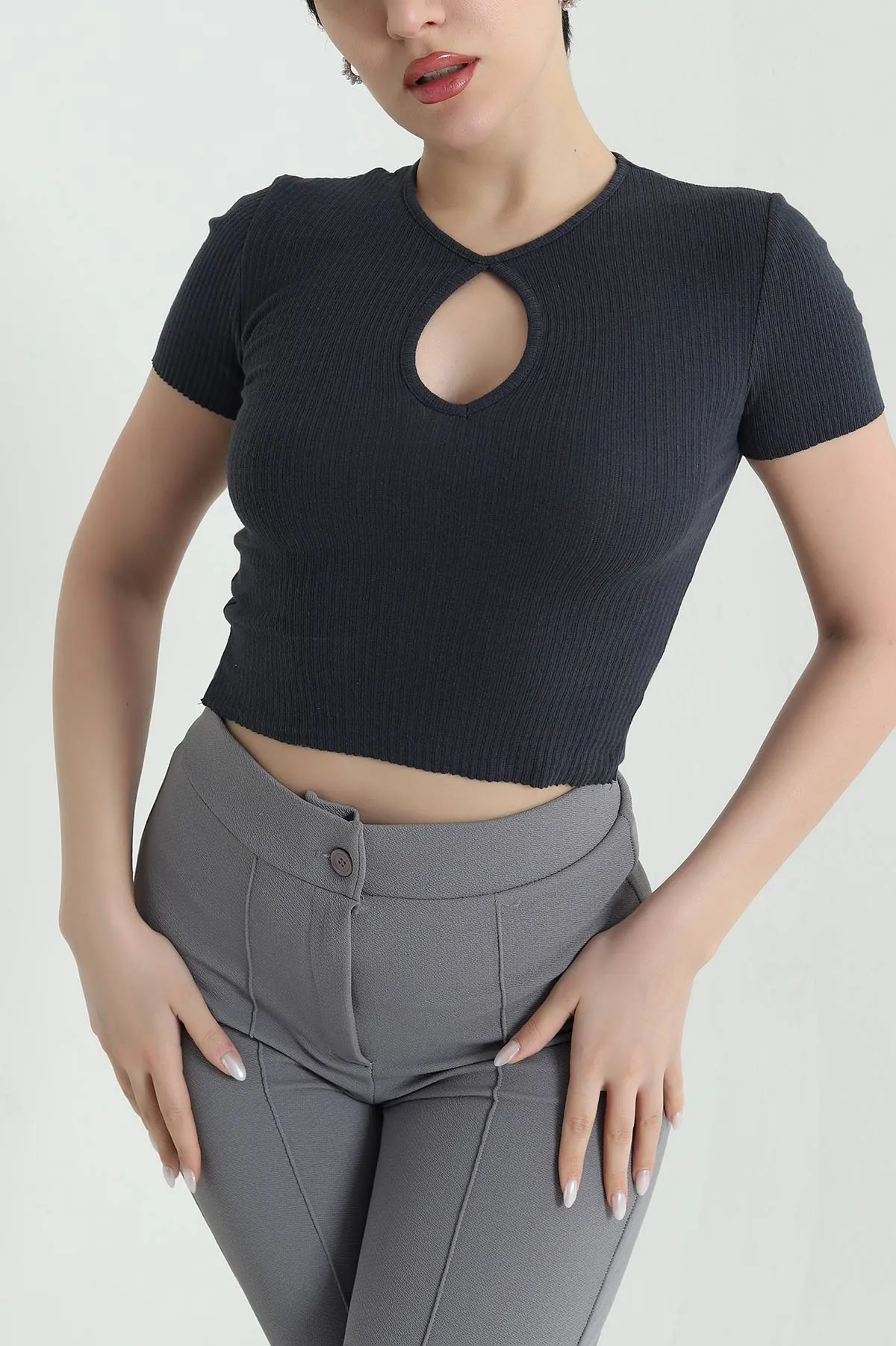 Antrasit Likralı Kaşkorse Kadın Bluz 445849
