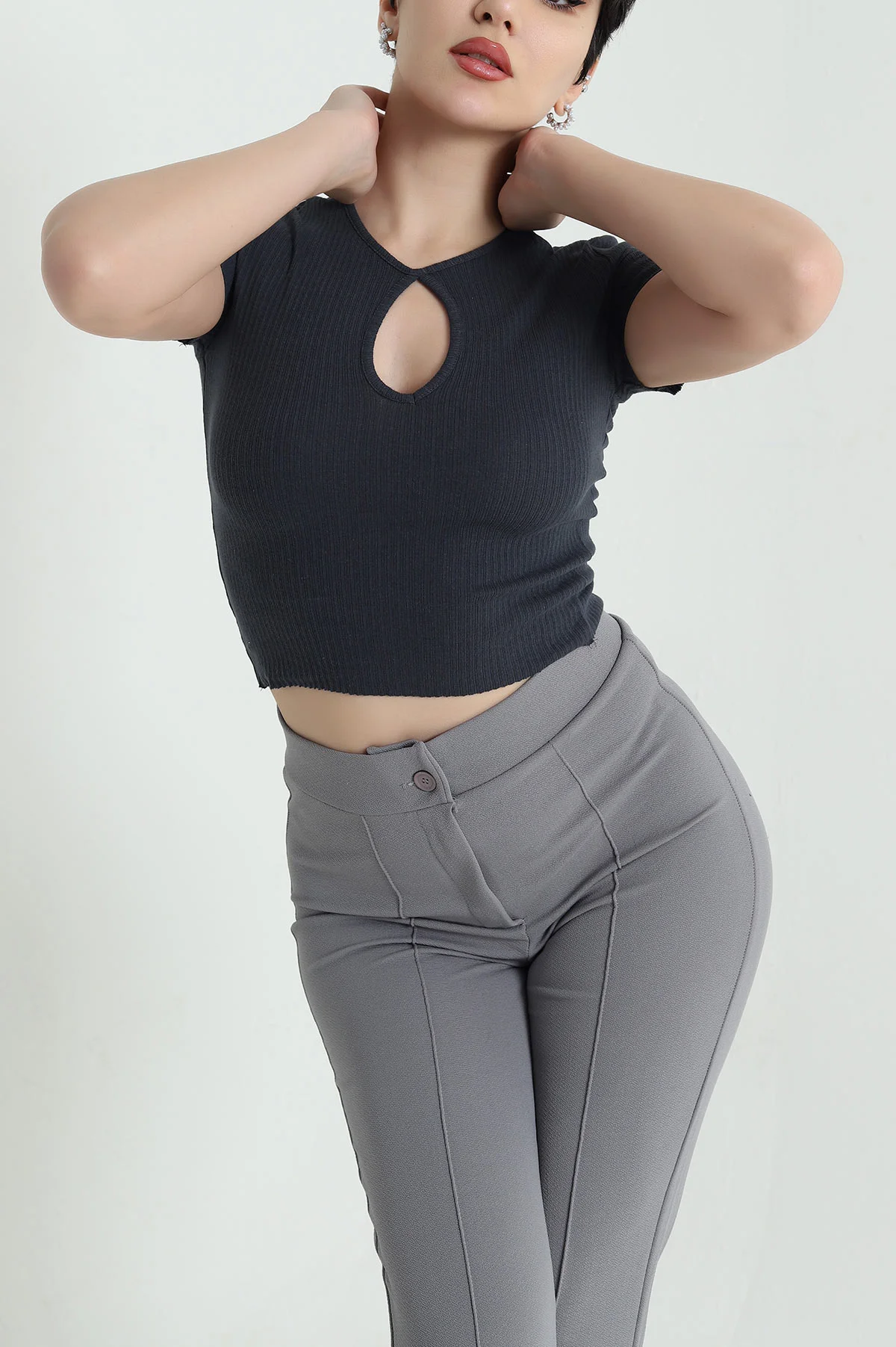 Antrasit Likralı Kaşkorse Kadın Bluz 445849