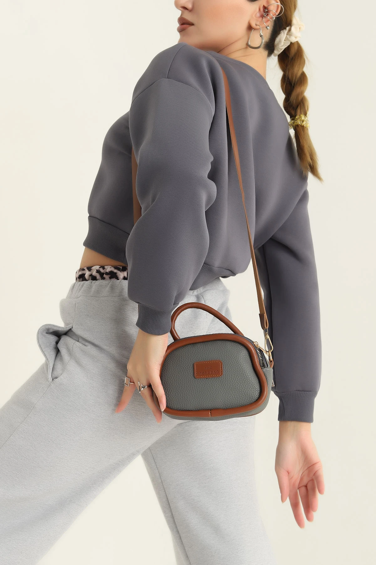 Antrasit Mini Boy Fermuarlı Kadın El ve Omuz Çantası 317571