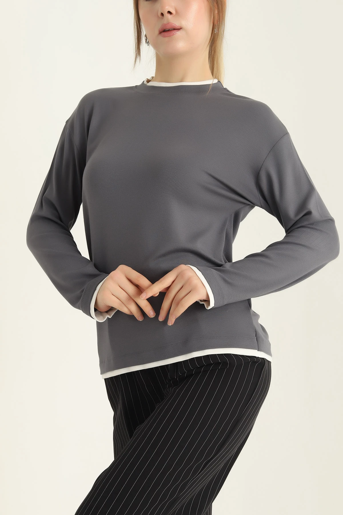 Antrasit Modal Bisiklet Yaka Likralı Bayan Sweat 318266