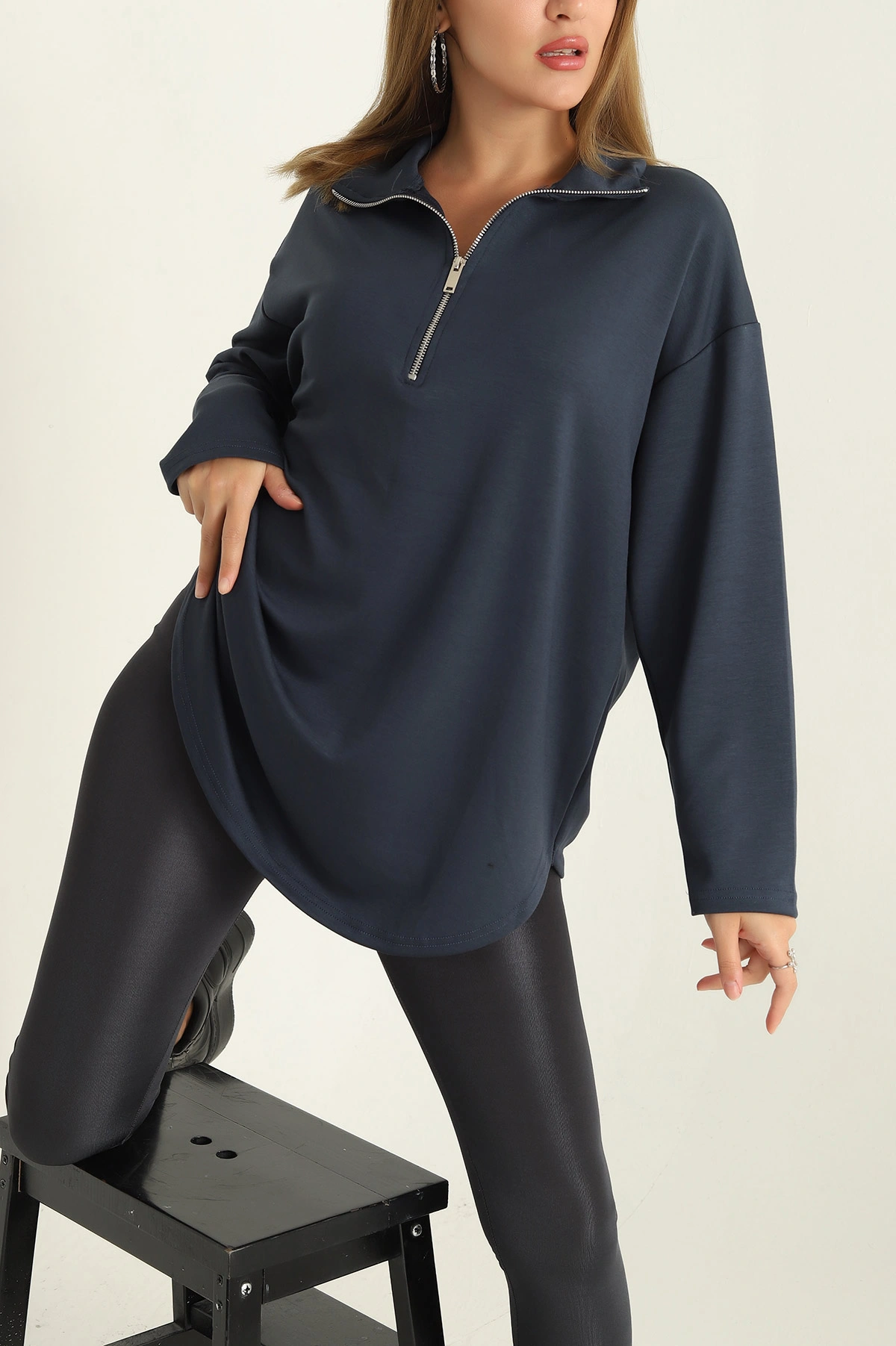 Antrasit Modal Yarım Fermuarlı Sweat Tunik 292504