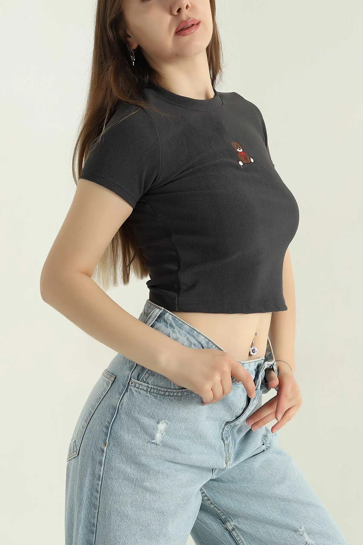 Antrasit Nakış İşlemeli Ottman Bluz 358996