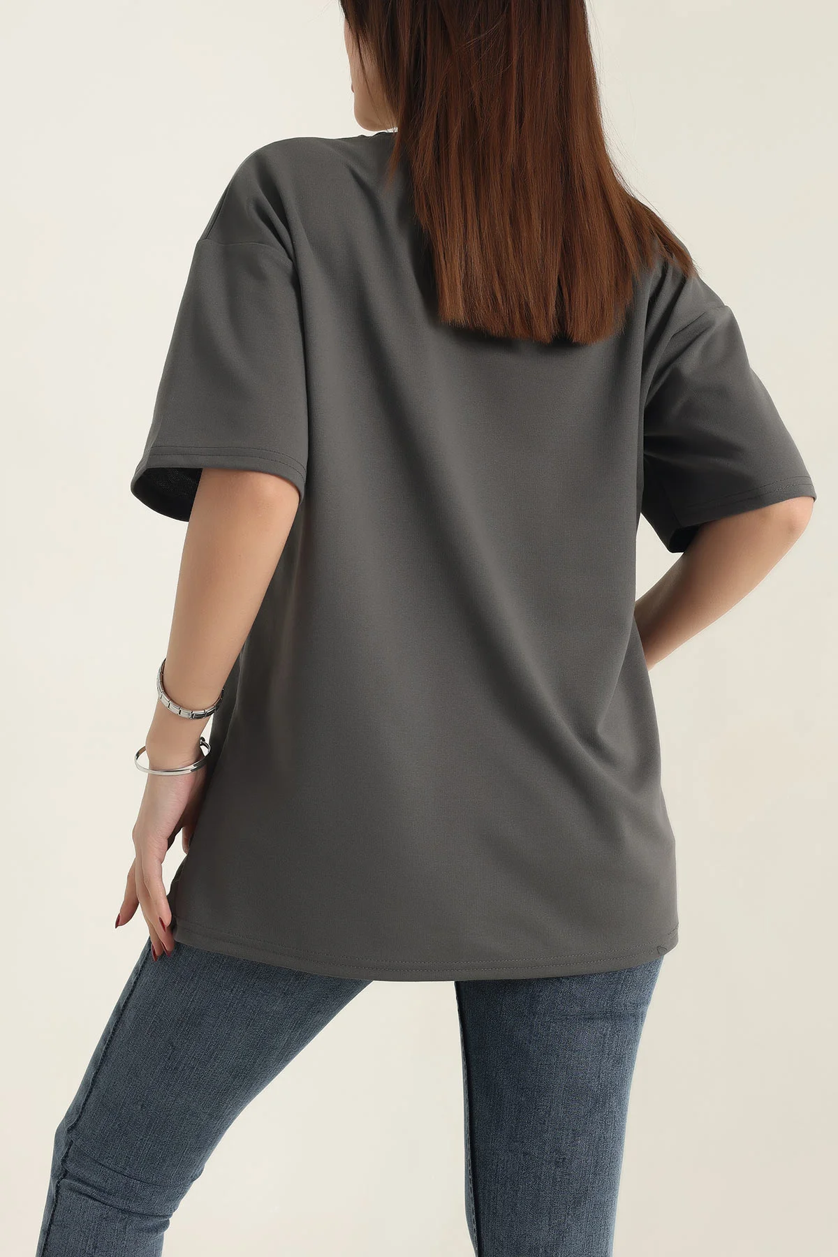 Antrasit Nakışlı Bisiklet Yaka Oversize İki Bayan Tişört 337634
