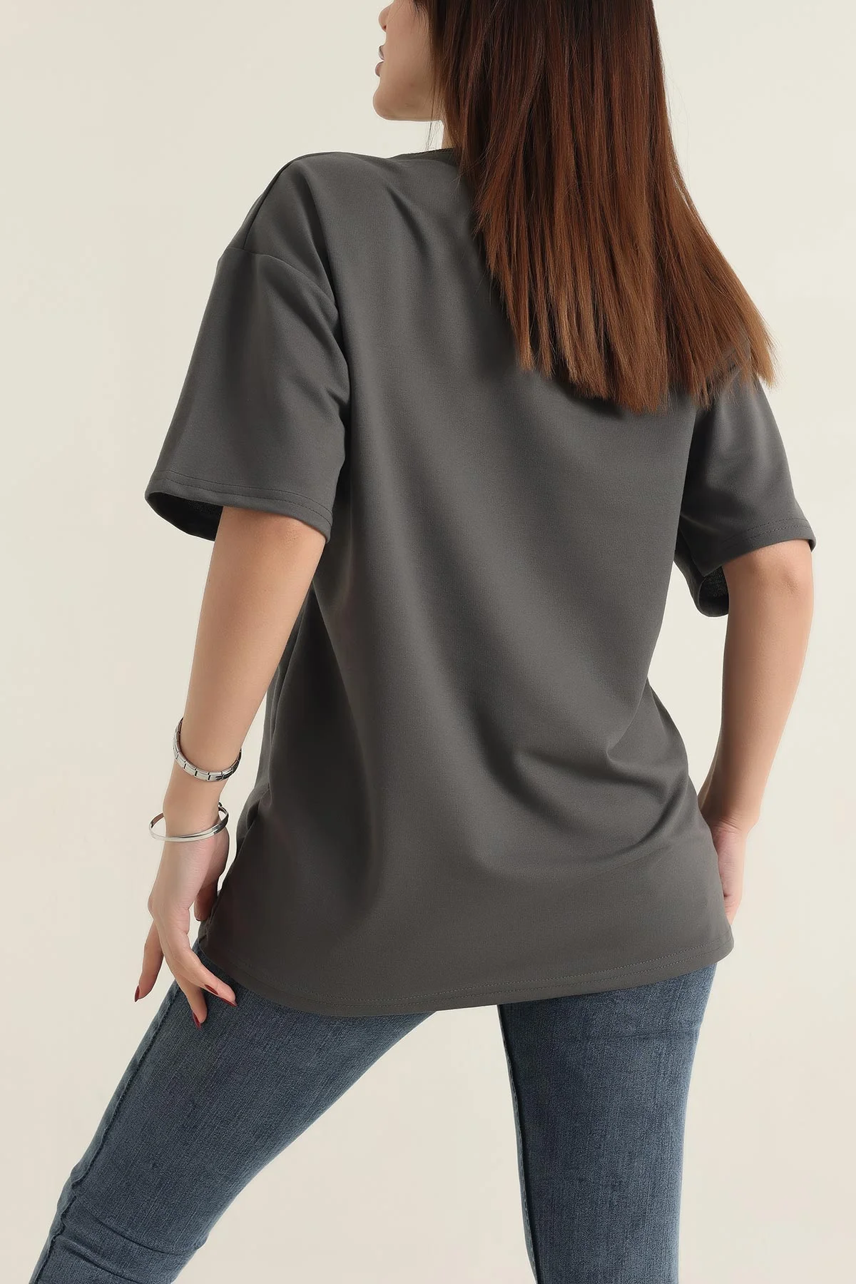 Antrasit Nakışlı Bisiklet Yaka Oversize İki Bayan Tişört 337660