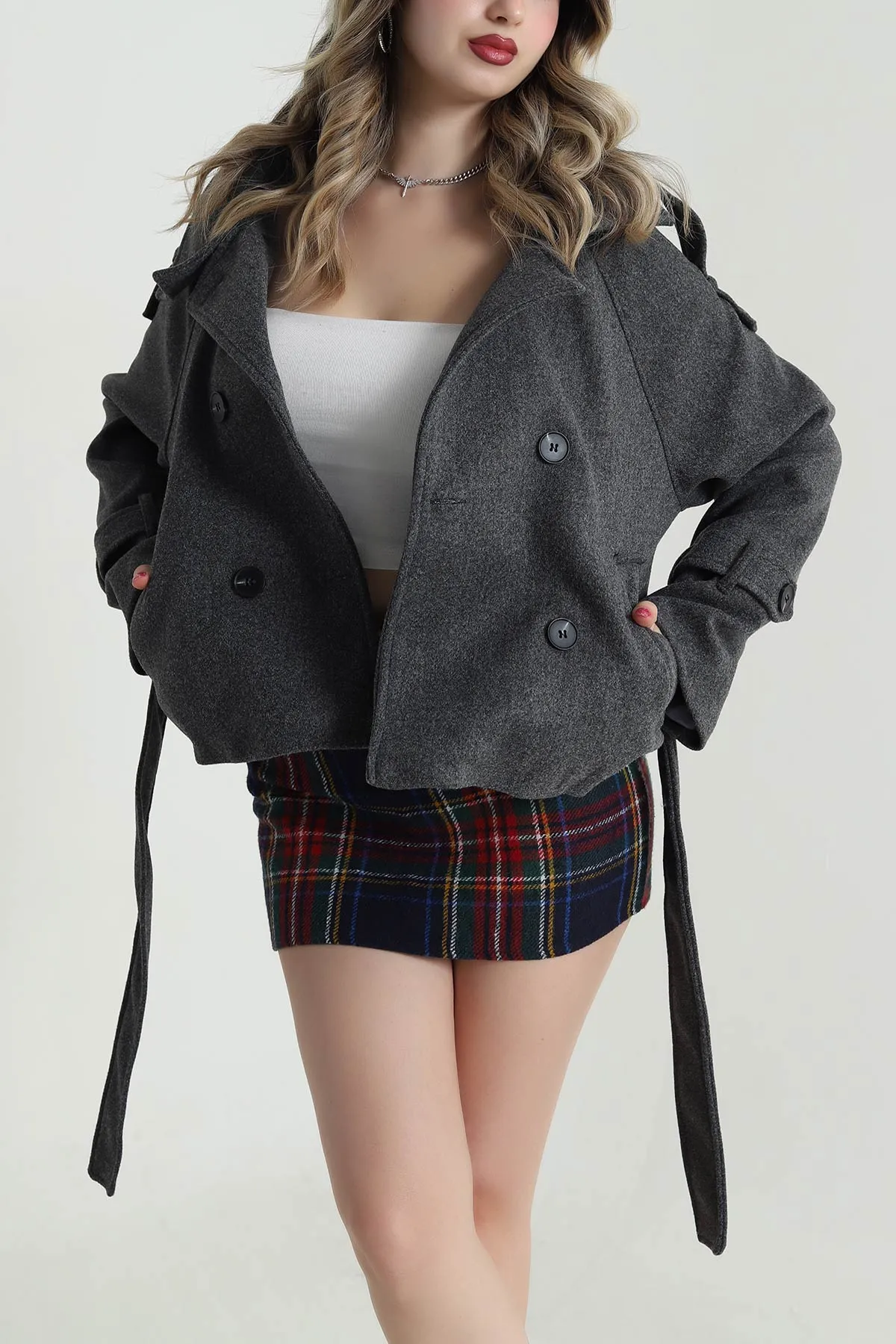 Antrasit Omuz Kol Apolet Detay Kaşe Kadın Mont 492151
