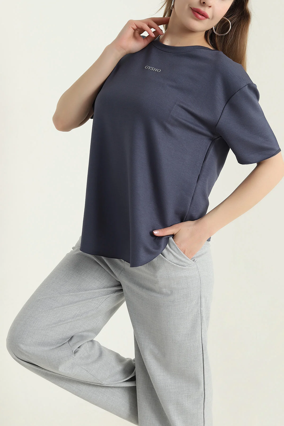 Antrasit Oval Kesim Modal Kadın Tişört 433255