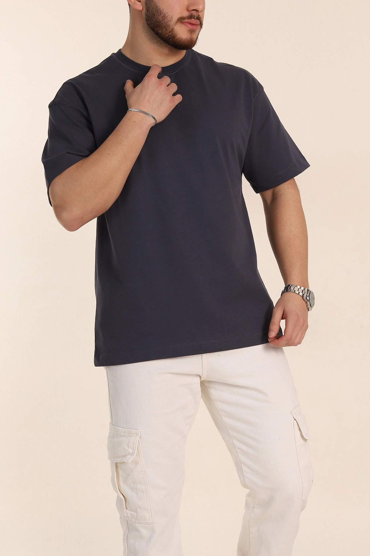 Antrasit Oversize Dikiş Detaylı Basic Erkek Tişört 348856