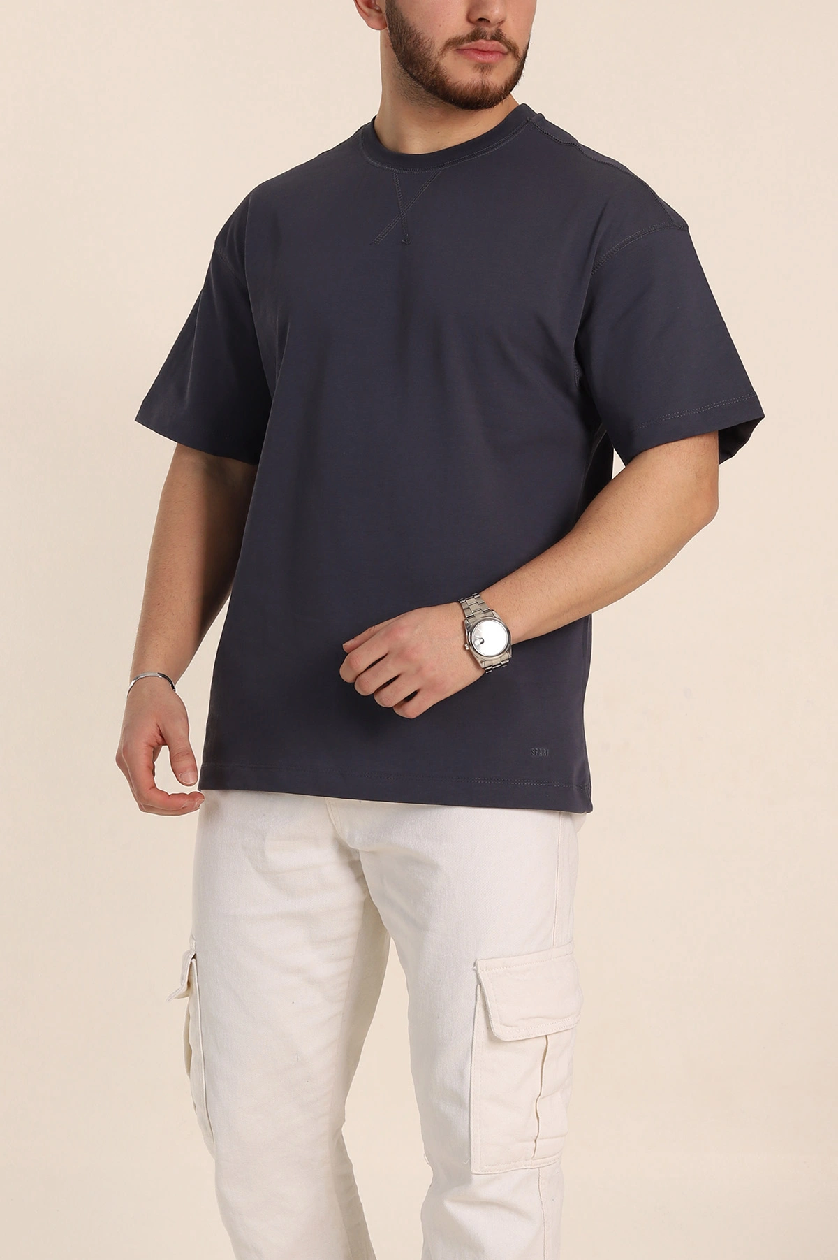Antrasit Oversize Dikiş Detaylı Basic Erkek Tişört 348856