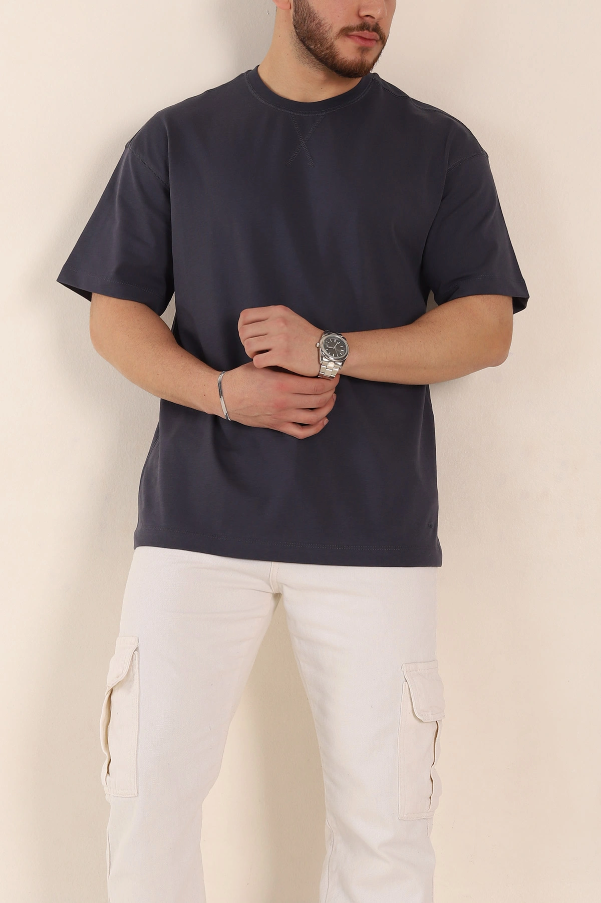 Antrasit Oversize Dikiş Detaylı Basic Erkek Tişört 348856