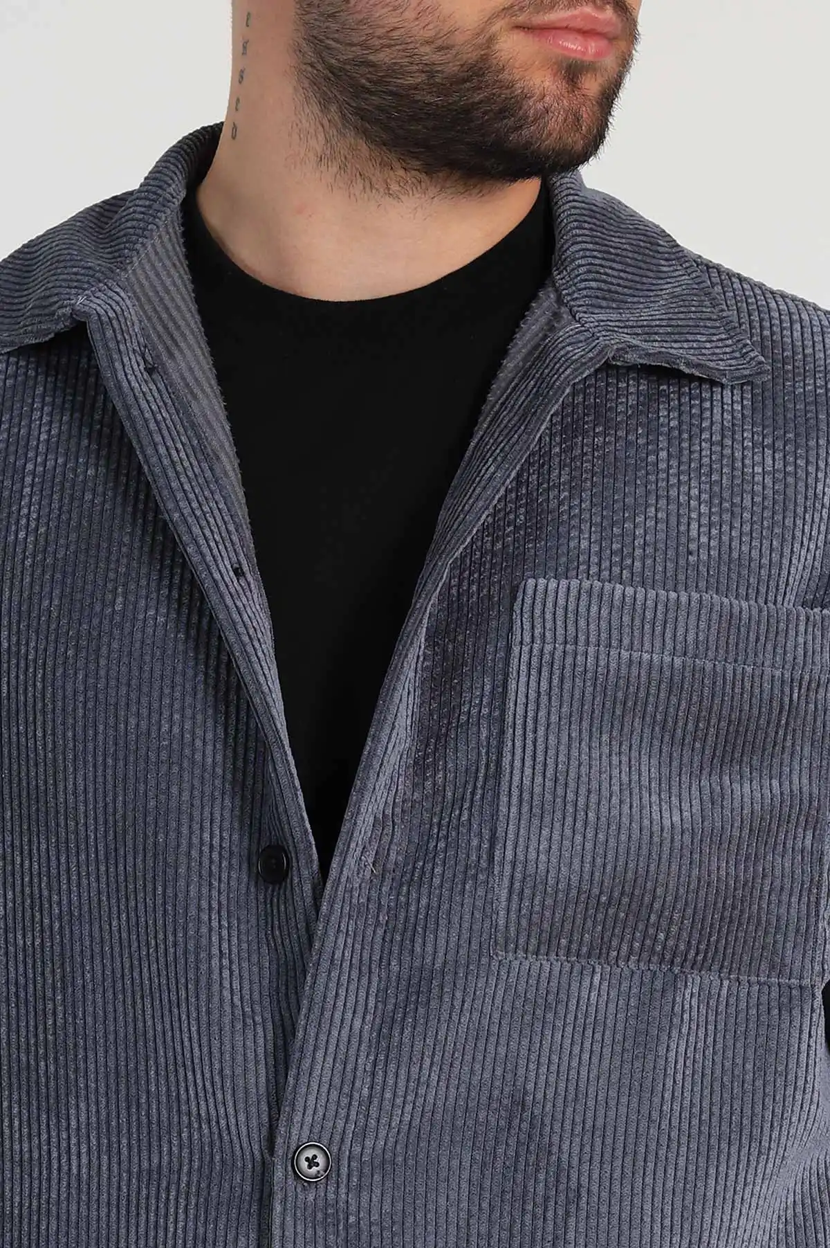 Antrasit Oversize Fitilli Kadife Cep Detaylı Erkek Gömlek 318409