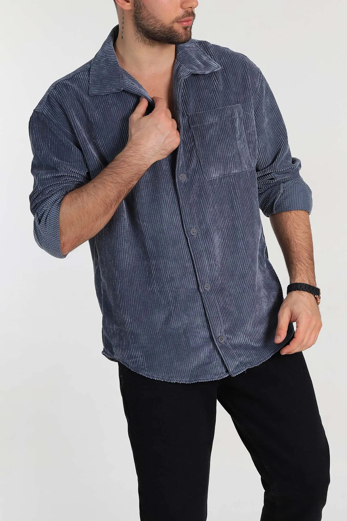 Antrasit Oversize Fitilli Kadife Cep Detaylı Erkek Gömlek 318409