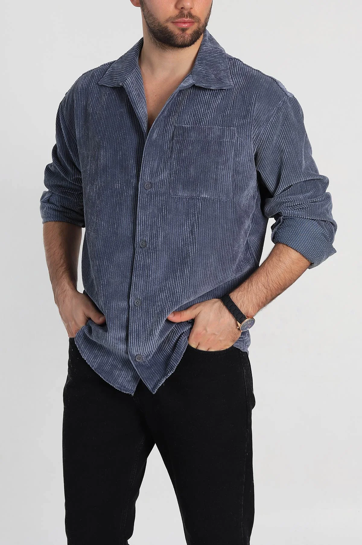 Antrasit Oversize Fitilli Kadife Cep Detaylı Erkek Gömlek 318409