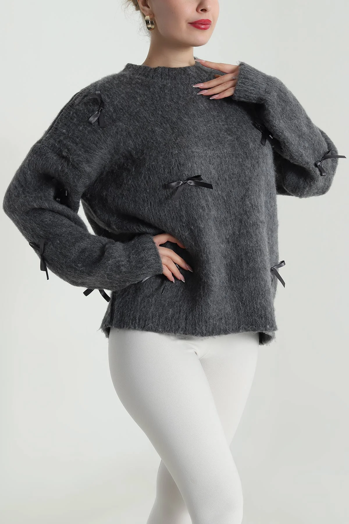 Antrasit Oversize Fiyonklu Kadın Triko Kazak 491002