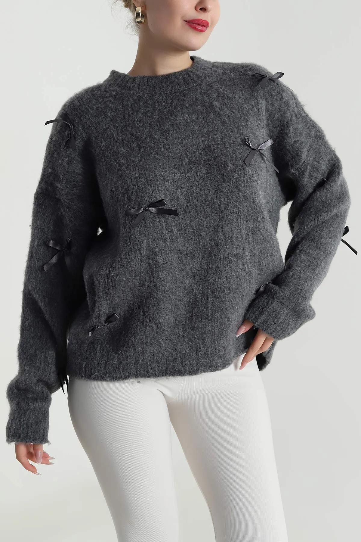 Antrasit Oversize Fiyonklu Kadın Triko Kazak 491002