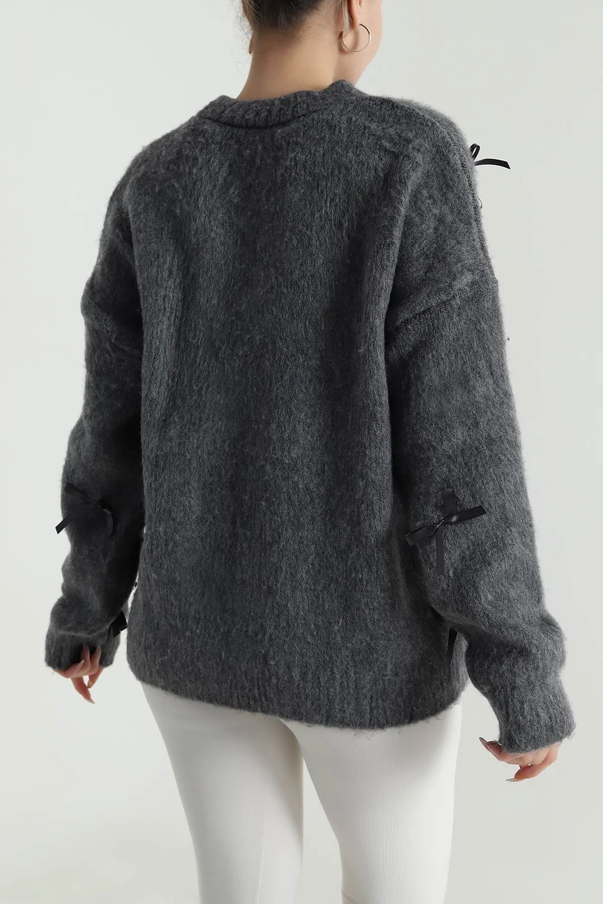 Antrasit Oversize Fiyonklu Kadın Triko Kazak 491002