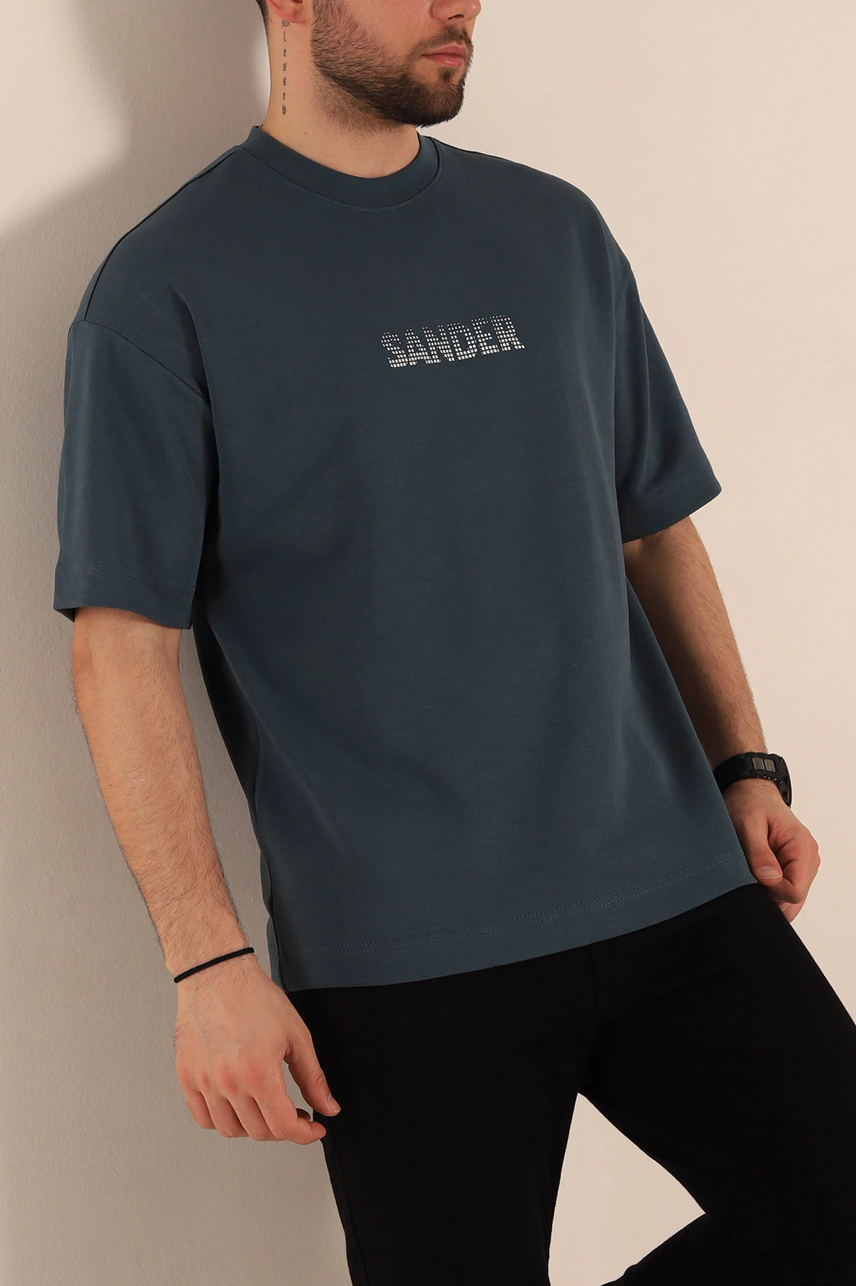 Antrasit Oversize İki İp Kabartma Sırt Baskılı Erkek Tişört 266836