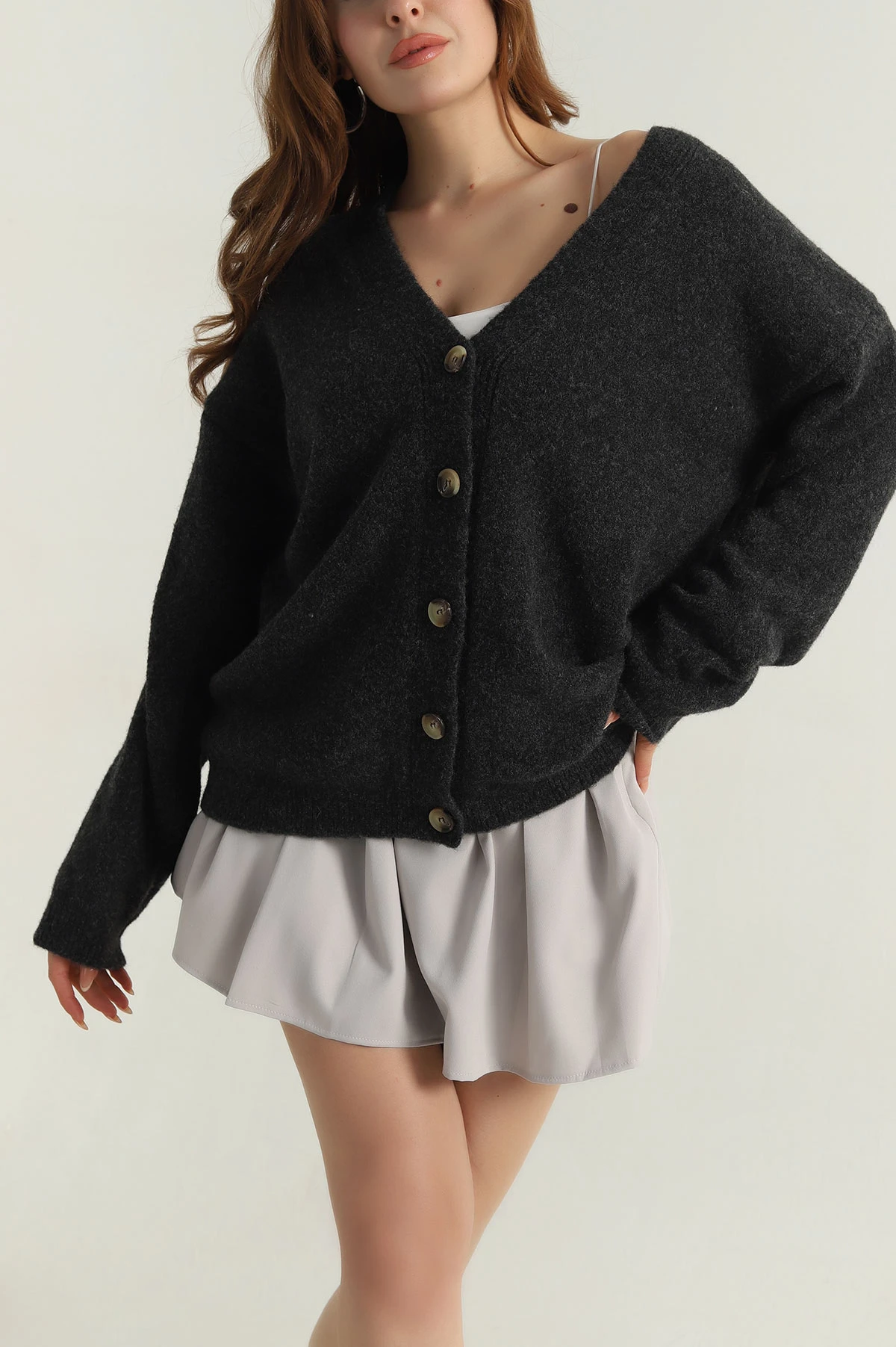 Antrasit Oversize Kadın Triko Hırka 405452