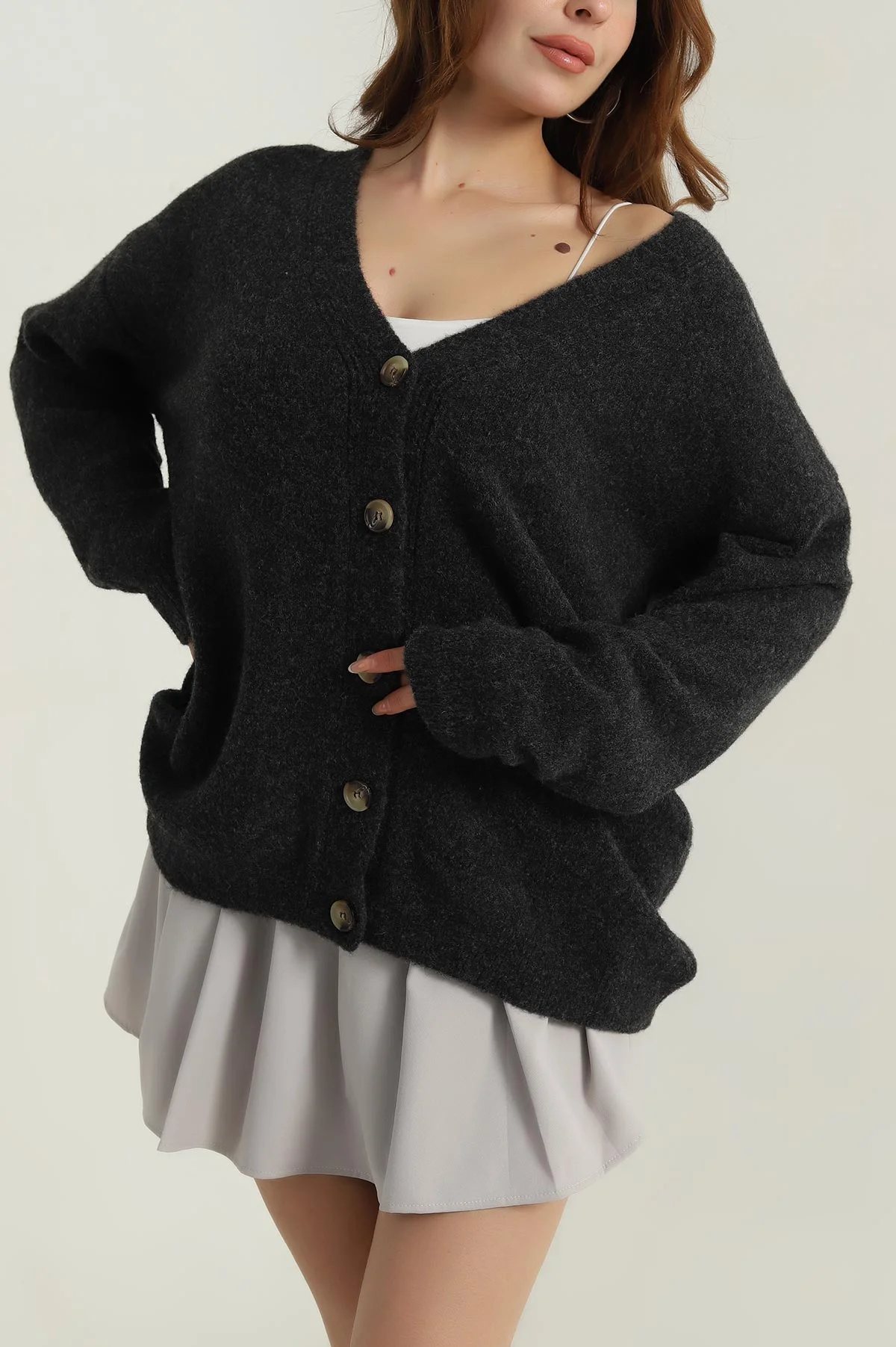 Antrasit Oversize Kadın Triko Hırka 405452