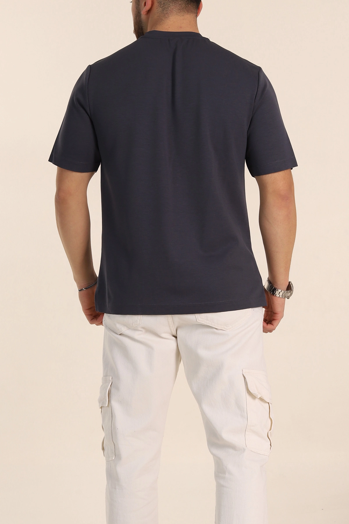 Antrasit Oversize Oysho Kumaş Yırtmaç Detaylı Basic Erkek Tişört 348124