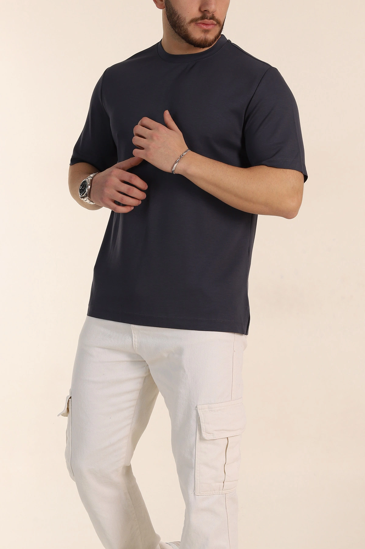 Antrasit Oversize Oysho Kumaş Yırtmaç Detaylı Basic Erkek Tişört 348124