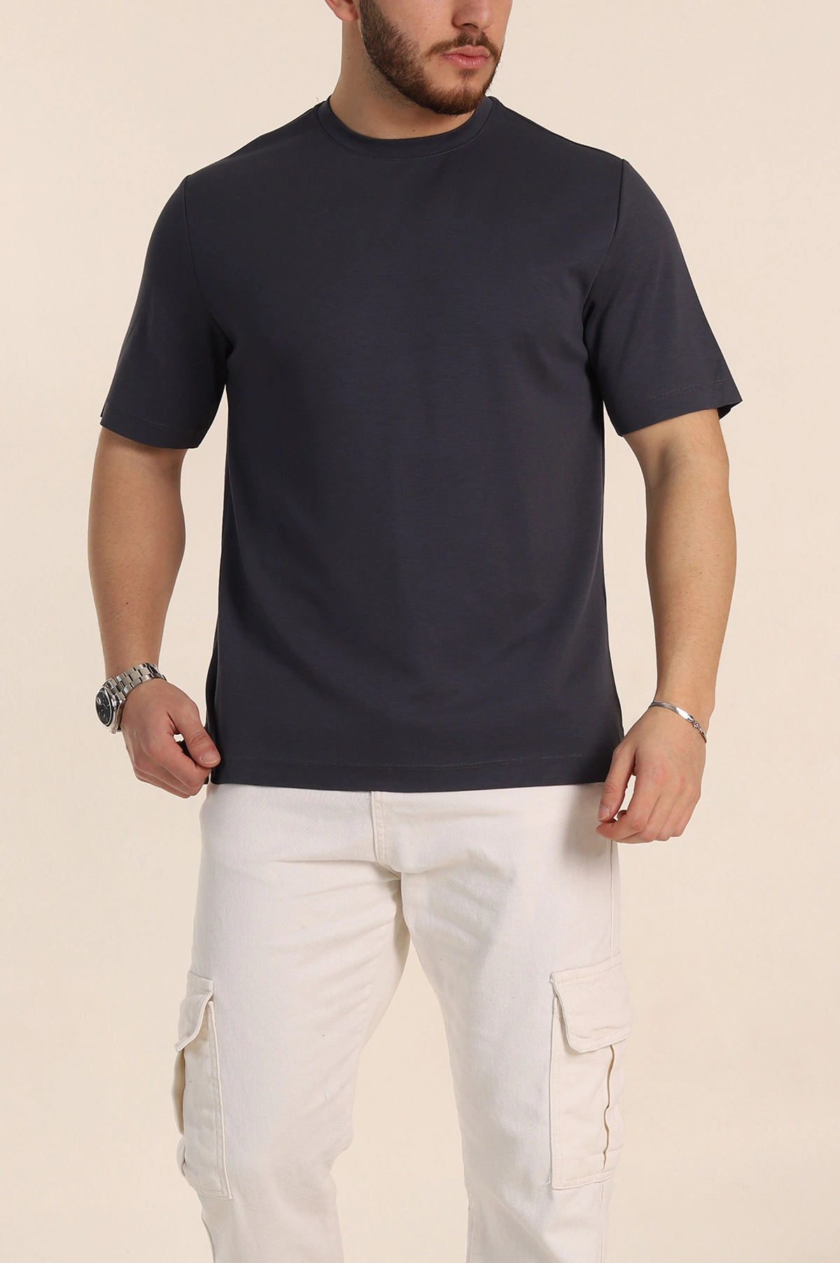 Antrasit Oversize Oysho Kumaş Yırtmaç Detaylı Basic Erkek Tişört 348124