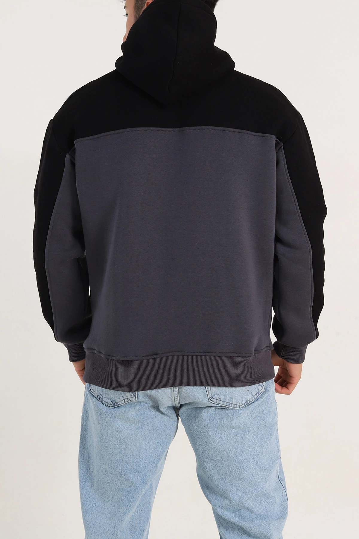 Antrasit Oversize Parçalı Üç İp Şardonlu Kapüşonlu Erkek Sweatshirt 306475