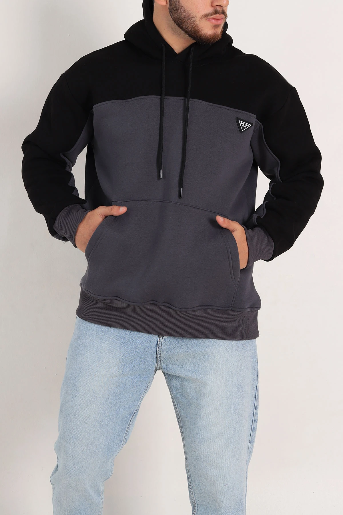 Antrasit Oversize Parçalı Üç İp Şardonlu Kapüşonlu Erkek Sweatshirt 306475