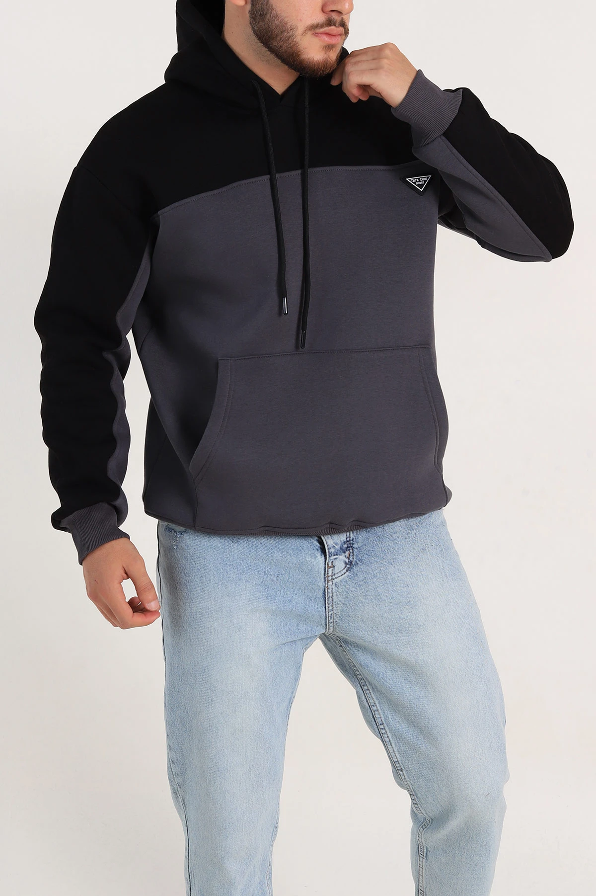 Antrasit Oversize Parçalı Üç İp Şardonlu Kapüşonlu Erkek Sweatshirt 306475