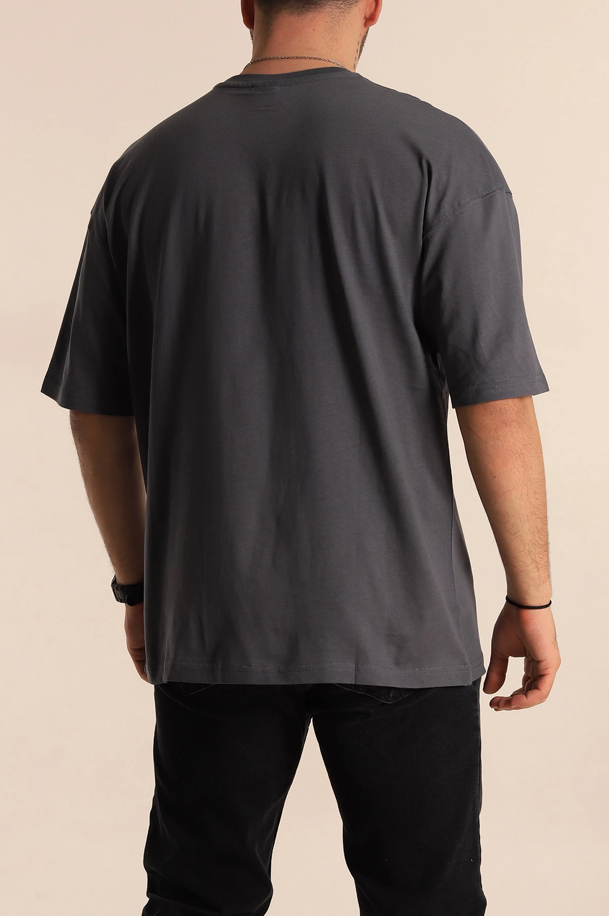 Antrasit Oversize Suprem Kumaş Plastik Baskı Detaylı Erkek Tişört 267358