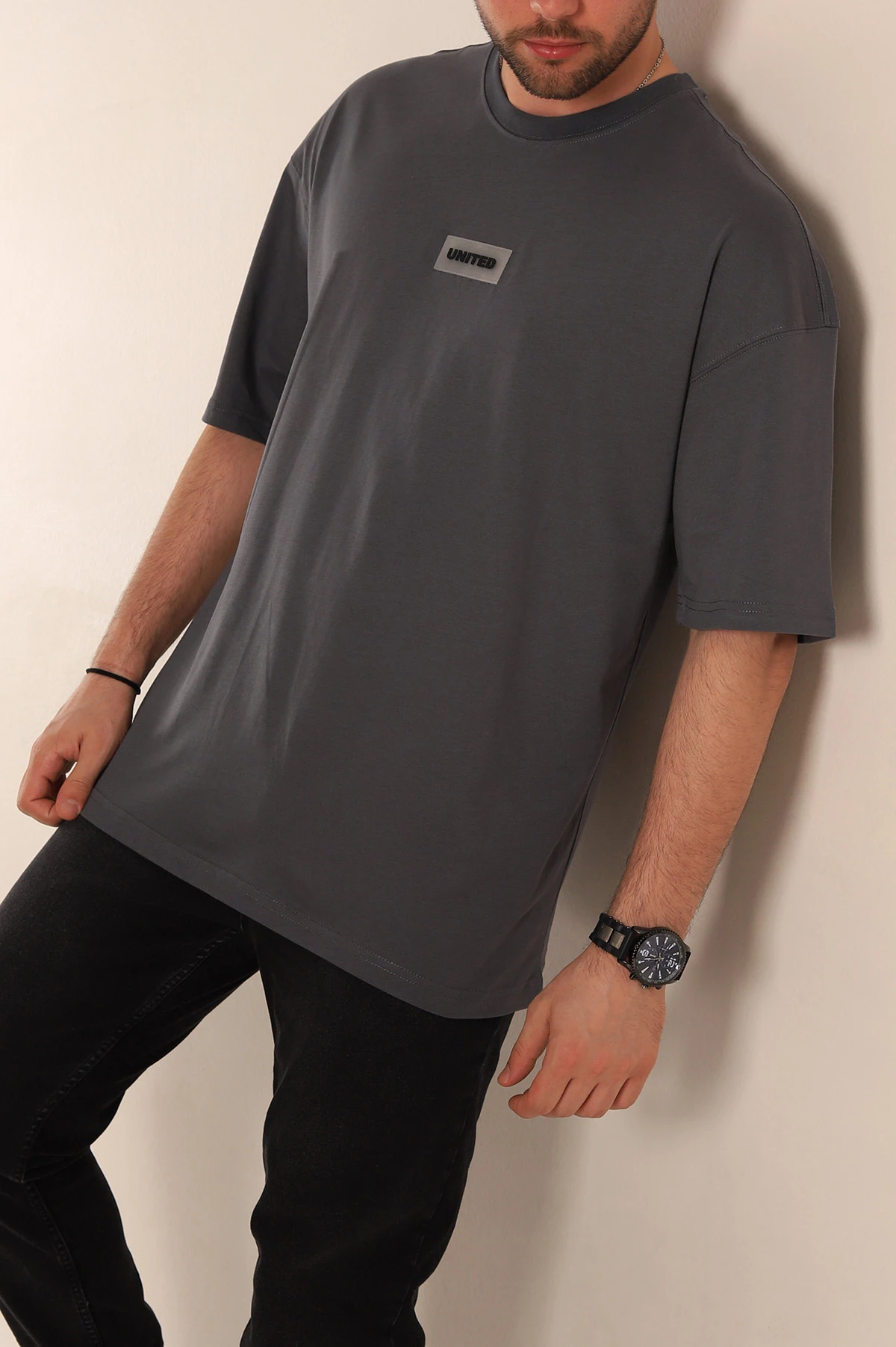 Antrasit Oversize Suprem Kumaş Plastik Baskı Detaylı Erkek Tişört 267358