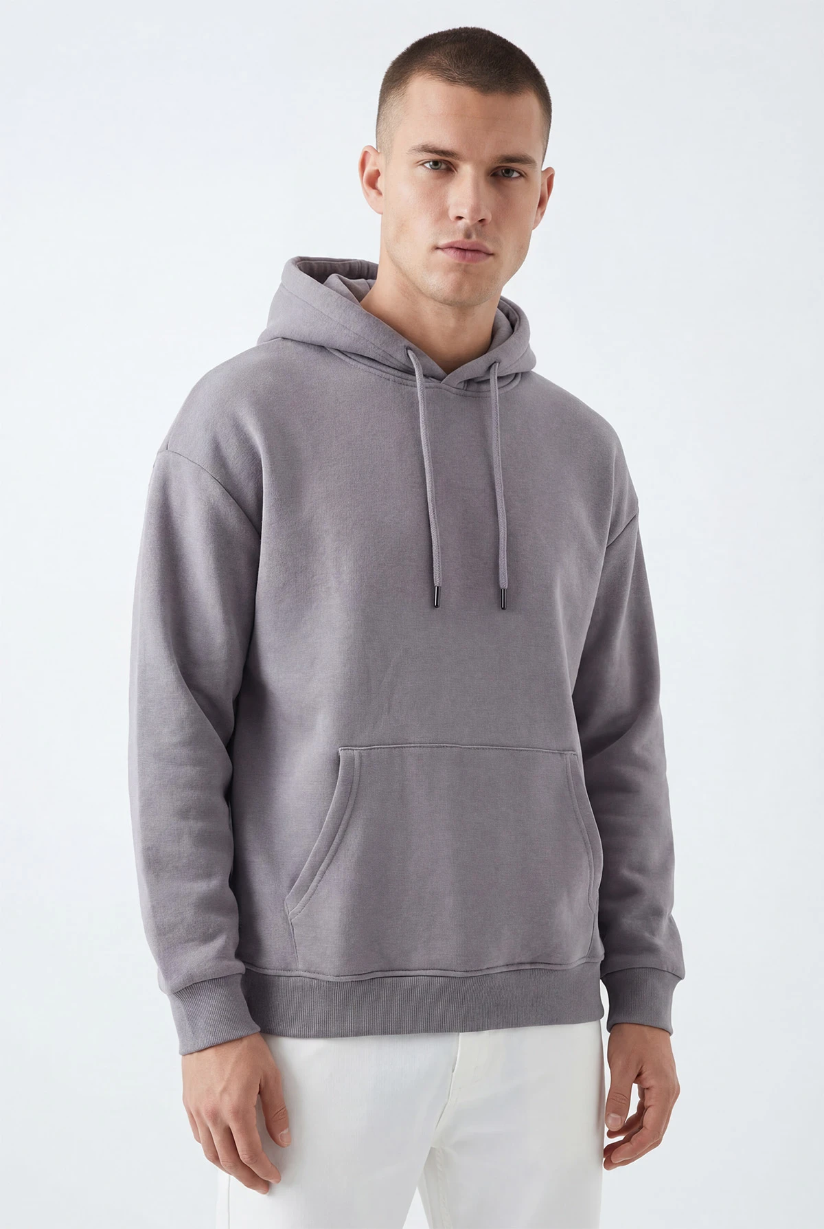 Antrasit Oversize Üç İp Şardonlu Erkek Basic Kapüşonlu Sweatshirt 398908