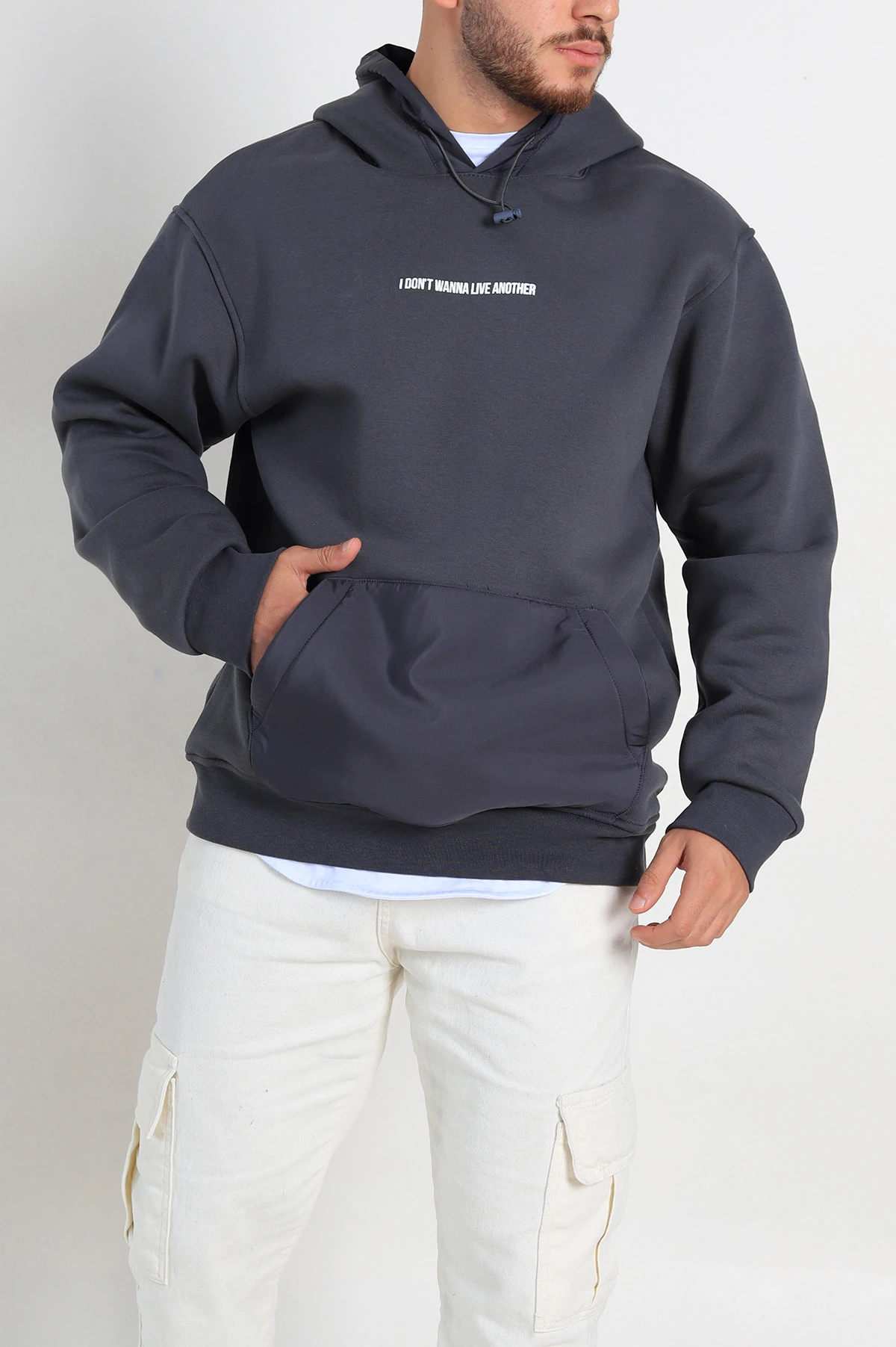 Antrasit Oversize Üç İp Şardonlu Kapüşonlu Erkek Sweatshirt 309120