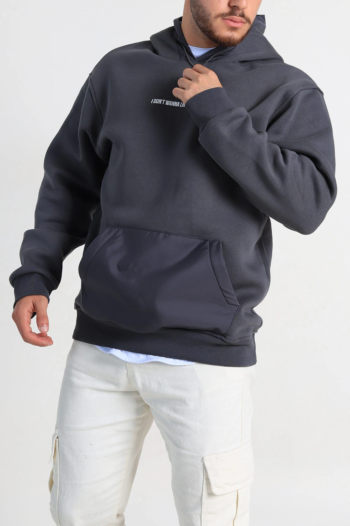 Antrasit Oversize Üç İp Şardonlu Kapüşonlu Erkek Sweatshirt 309120