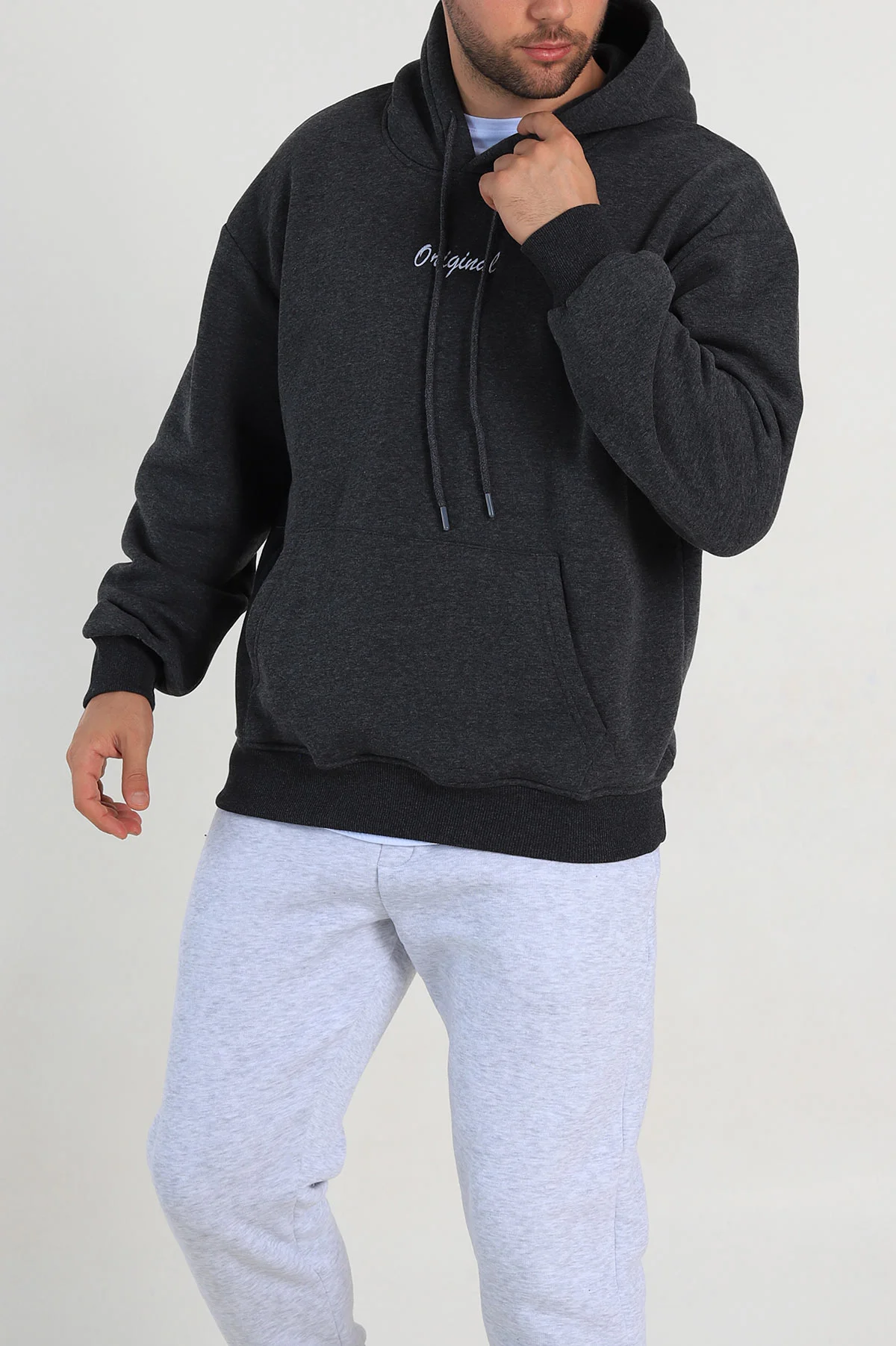 Antrasit Oversize Üç İp Şardonlu Yazı Detaylı Kapüşonlu Erkek Sweatshirt 310965