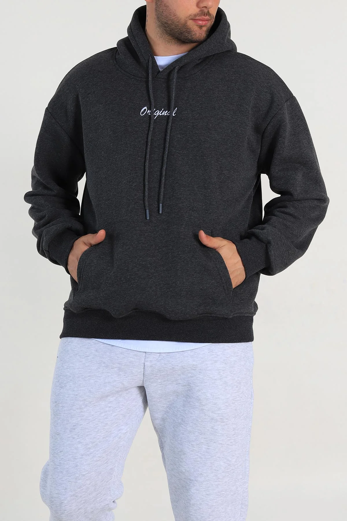 Antrasit Oversize Üç İp Şardonlu Yazı Detaylı Kapüşonlu Erkek Sweatshirt 310965