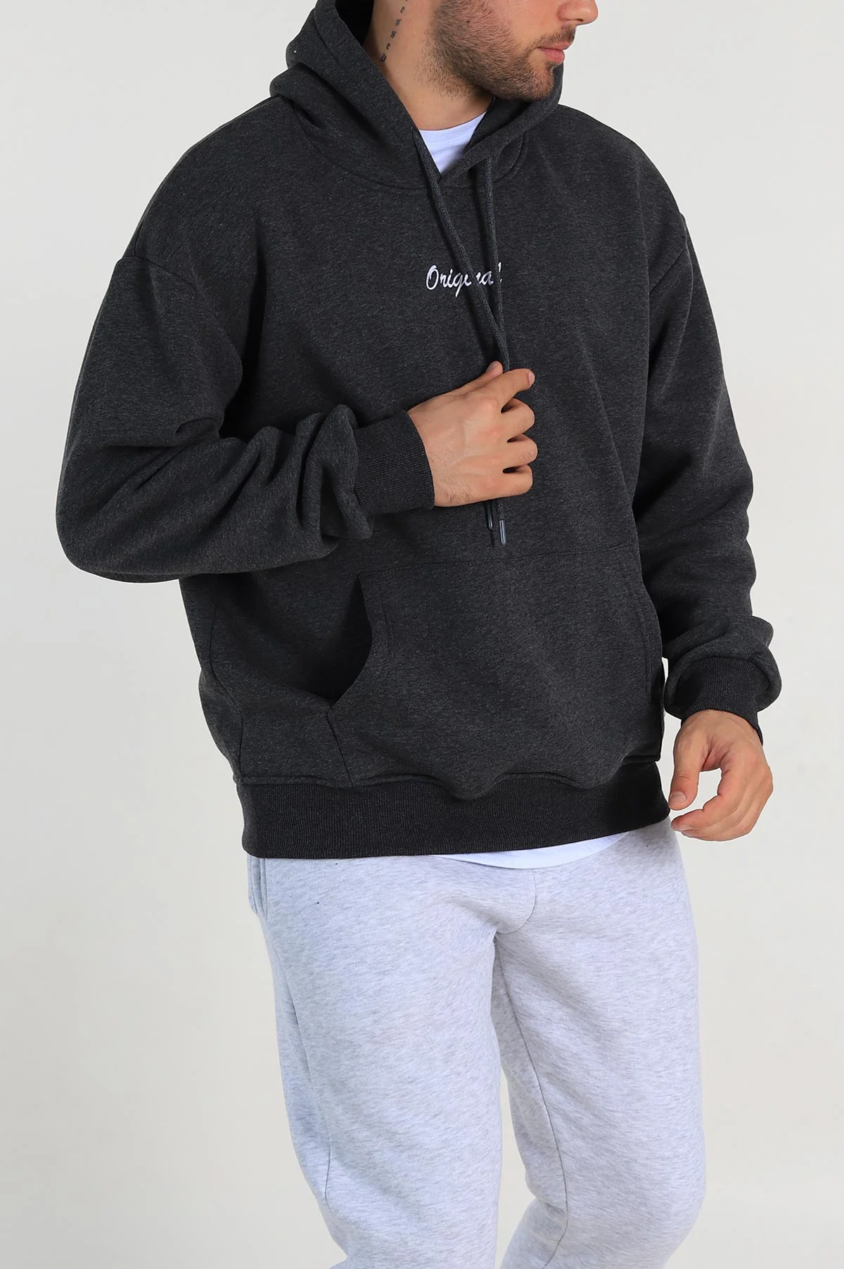 Antrasit Oversize Üç İp Şardonlu Yazı Detaylı Kapüşonlu Erkek Sweatshirt 310965