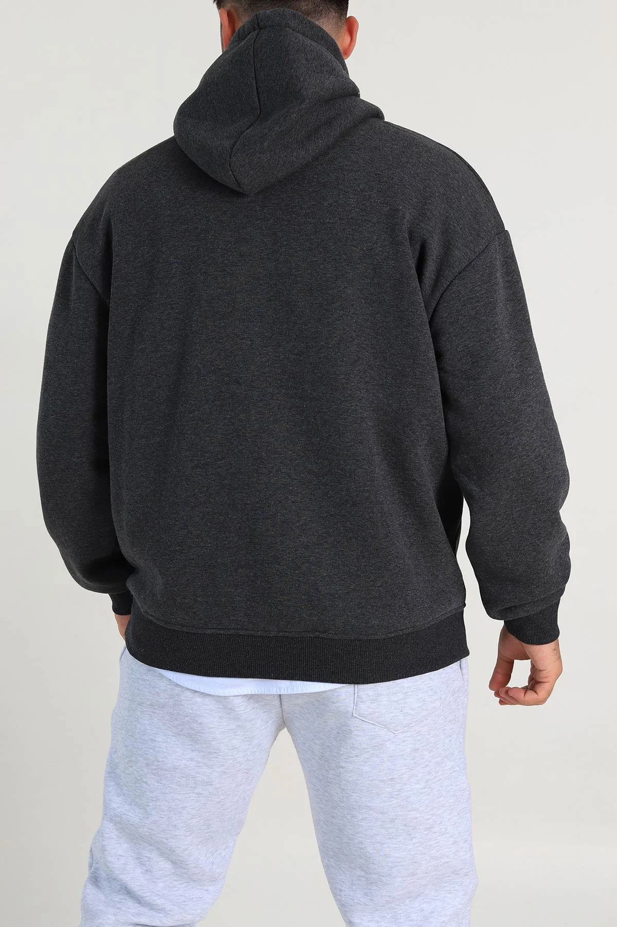 Antrasit Oversize Üç İp Şardonlu Yazı Detaylı Kapüşonlu Erkek Sweatshirt 310965