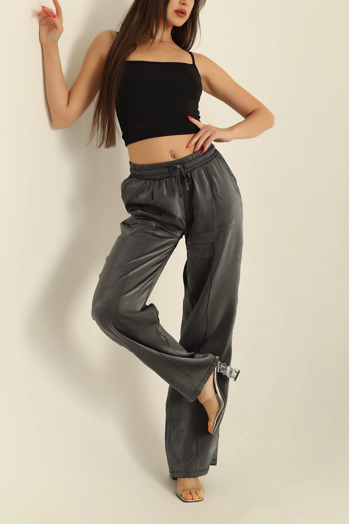 Antrasit Parlak Kumaş Bayan Pantalon 277521