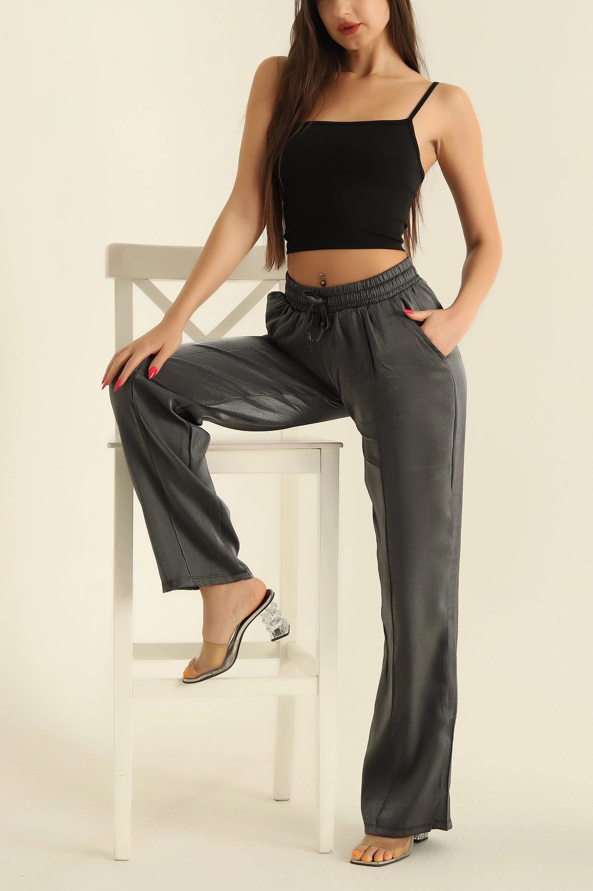 Antrasit Parlak Kumaş Bayan Pantalon 277521