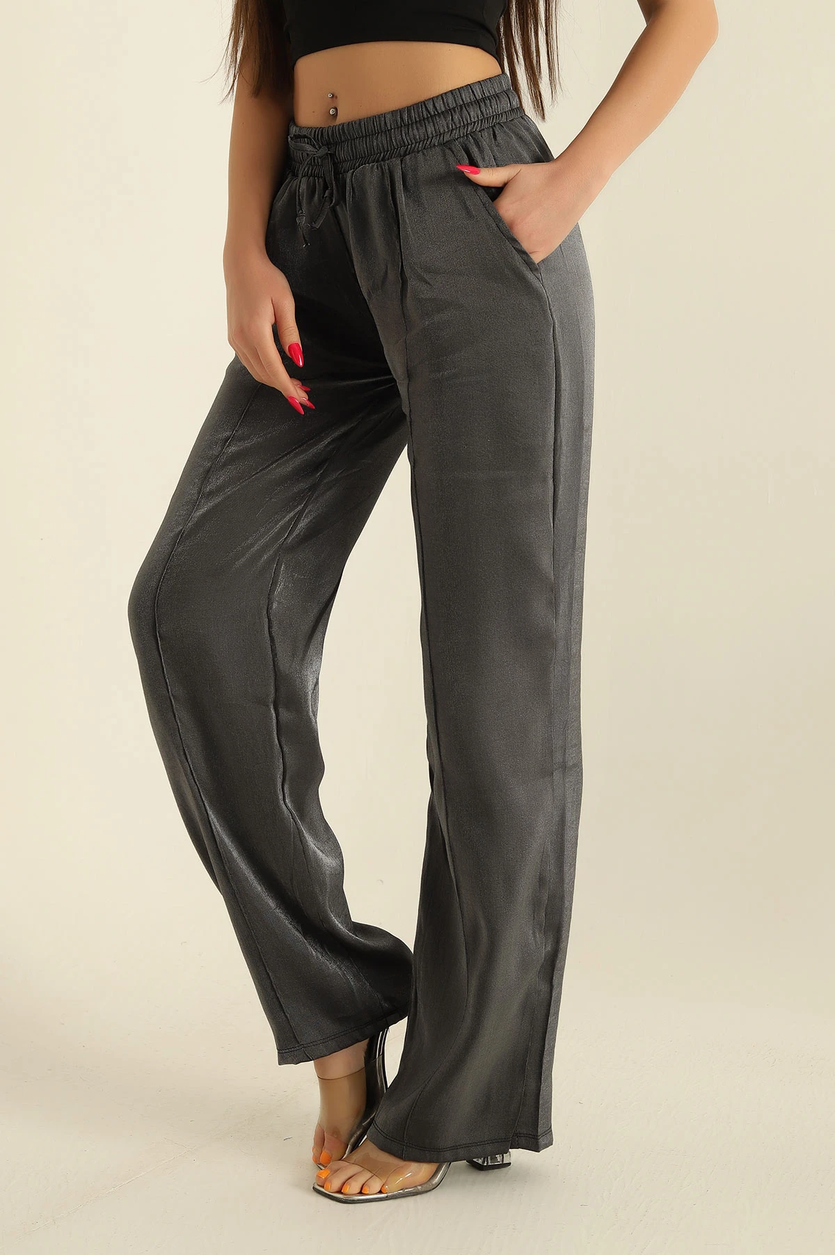 Antrasit Parlak Kumaş Bayan Pantalon 277521