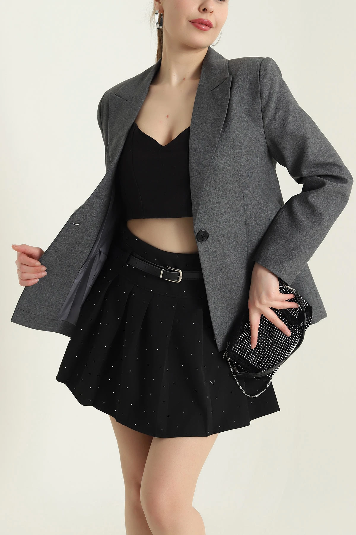 Antrasit Pileli Bezayağı Blazer Kadın Ceket 431010