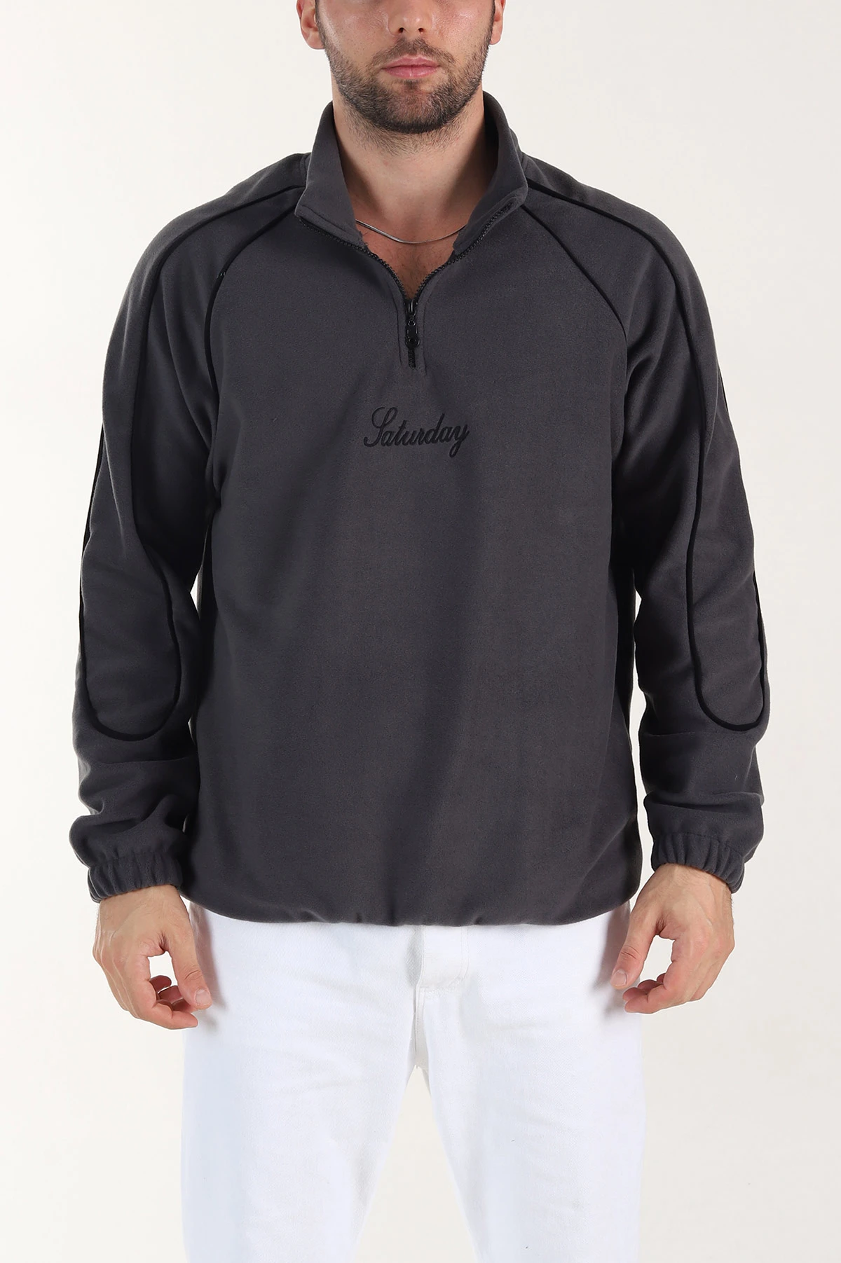 Antrasit Polar Kumaş Yarım Fermuarlı Yazı Detaylı Erkek Sweatshirt 408548