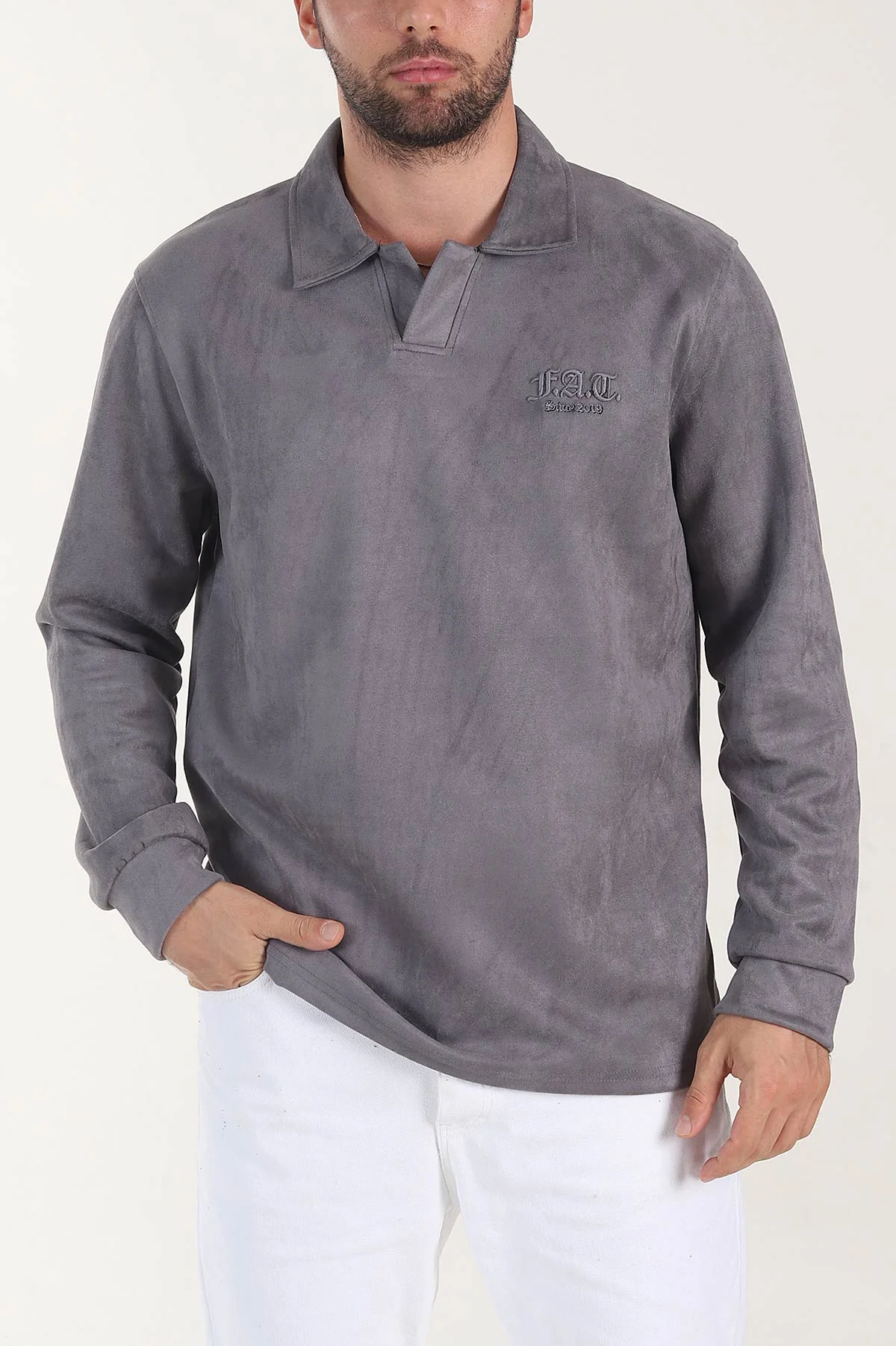 Antrasit Polo Yaka Düğmeli Nakış Detaylı Erkek Sweatshirt 404863